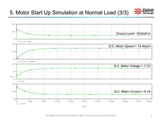 5. Motor Start Up Simulation at Normal Load (3/3)
 80V


 40V
                                                                                                   Torque Load= 19.6mNm
  0V
            V(X_U1.TRQ)
 20A
                                                                                            D.C. Motor Speed = 14.4krpm
 10A


  0A
            I(X_U1.V_kRPM)
 10V
                                                                                                D.C. Motor Voltage = 7.2V
  5V

SEL>>
   0V
            V(VM)
 20A


 10A                                                                                             D.C. Motor Current = 6.1A

  0A
       0s            40ms    80ms      120ms        160ms        200ms        240ms        280ms      320ms    360ms   400ms
            I(VIM)
                                                                  Time




                                All Rights Reserved Copyright (C) Bee Technologies Corporation 2012                          9
 