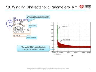 10. Winding Characteristic Parameters: Rm

                       Winding Characteristic: Rm
      U2
      SMPL_DC_MOTOR
      Rm = 0.576
  +   Lm = 165u
  -   V_norm = 7.2    Motor Spec.                                                Rm=0.1
      mNm = 9.8
      kRPM_norm = 14.2
      I_norm = 2.9

      IL = 0.6
                        Load Condition
                                                                                  Rm=0.576




                 The Motor Start-up is Current
                  changed by the Rm values.




                        All Rights Reserved Copyright (C) Bee Technologies Corporation 2013   17
 