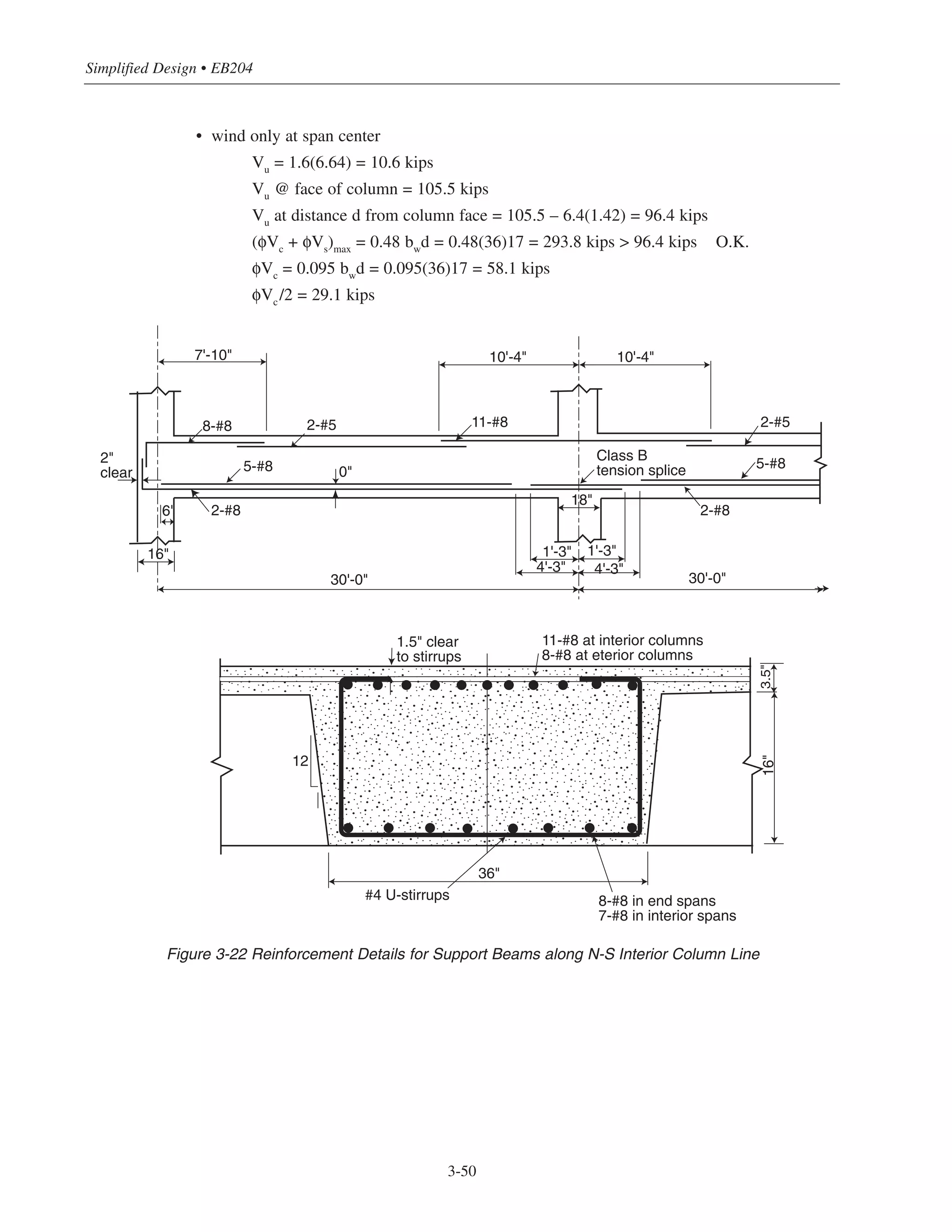 Simplified Design • EB204
• wind only at span center
Vu
= 1.6(6.64) = 10.6 kips
Vu
@ face of column = 105.5 kips
Vu
at distance d from column face = 105.5 – 6.4(1.42) = 96.4 kips
(φVc + φVs)max = 0.48 bwd = 0.48(36)17 = 293.8 kips > 96.4 kips O.K.
φVc = 0.095 bwd = 0.095(36)17 = 58.1 kips
φVc/2 = 29.1 kips
3-50
7'-10"
2"
clear
6"
10'-4" 10'-4"
30'-0" 30'-0"
2-#82-#8
2-#5 2-#511-#8
5-#85-#8
8-#8
Class B
tension splice
18"
1'-3" 1'-3"
4'-3" 4'-3"
16"
0"
1.5" clear
to stirrups
11-#8 at interior columns
8-#8 at eterior columns
36"
16"3.5"12
#4 U-stirrups 8-#8 in end spans
7-#8 in interior spans
Figure 3-22 Reinforcement Details for Support Beams along N-S Interior Column Line
 