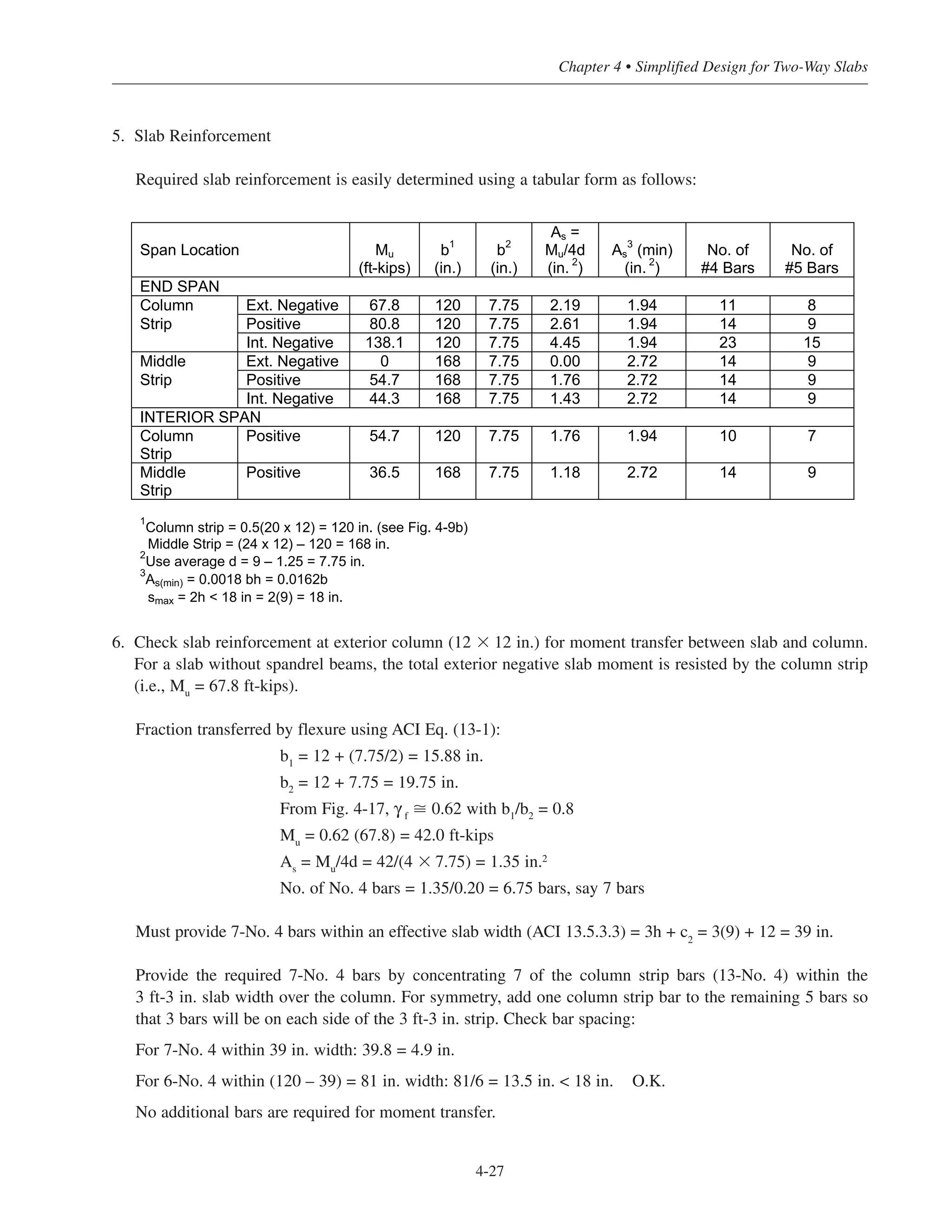 5. Slab Reinforcement
Required slab reinforcement is easily determined using a tabular form as follows:
6. Check slab reinforcement at exterior column (12 ϫ 12 in.) for moment transfer between slab and column.
For a slab without spandrel beams, the total exterior negative slab moment is resisted by the column strip
(i.e., Mu
= 67.8 ft-kips).
Fraction transferred by flexure using ACI Eq. (13-1):
b1
= 12 + (7.75/2) = 15.88 in.
b2
= 12 + 7.75 = 19.75 in.
From Fig. 4-17, γ f ഡ 0.62 with b1/b2 = 0.8
Mu = 0.62 (67.8) = 42.0 ft-kips
As
= Mu
/4d = 42/(4 ϫ 7.75) = 1.35 in.2
No. of No. 4 bars = 1.35/0.20 = 6.75 bars, say 7 bars
Must provide 7-No. 4 bars within an effective slab width (ACI 13.5.3.3) = 3h + c2
= 3(9) + 12 = 39 in.
Provide the required 7-No. 4 bars by concentrating 7 of the column strip bars (13-No. 4) within the
3 ft-3 in. slab width over the column. For symmetry, add one column strip bar to the remaining 5 bars so
that 3 bars will be on each side of the 3 ft-3 in. strip. Check bar spacing:
For 7-No. 4 within 39 in. width: 39.8 = 4.9 in.
For 6-No. 4 within (120 – 39) = 81 in. width: 81/6 = 13.5 in. < 18 in. O.K.
No additional bars are required for moment transfer.
4-27
Chapter 4 • Simplified Design for Two-Way Slabs
Span Location Mu
(ft-kips)
b1
(in.)
b2
(in.)
As =
Mu/4d
(in. 2
)
As
3
(min)
(in. 2
)
No. of
#4 Bars
No. of
#5 Bars
END SPAN
Column Ext. Negative 67.8 120 7.75 2.19 1.94 11 8
Strip Positive 80.8 120 7.75 2.61 1.94 14 9
Int. Negative 138.1 120 7.75 4.45 1.94 23 15
Middle Ext. Negative 0 168 7.75 0.00 2.72 14 9
Strip Positive 54.7 168 7.75 1.76 2.72 14 9
Int. Negative 44.3 168 7.75 1.43 2.72 14 9
INTERIOR SPAN
Column Positive 54.7 120 7.75 1.76 1.94 10 7
Strip
Middle Positive 36.5 168 7.75 1.18 2.72 14 9
Strip
1
Column strip = 0.5(20 x 12) = 120 in. (see Fig. 4-9b)
Middle Strip = (24 x 12) – 120 = 168 in.
2
Use average d = 9 – 1.25 = 7.75 in.
3
As(min) = 0.0018 bh = 0.0162b
smax = 2h < 18 in = 2(9) = 18 in.
 