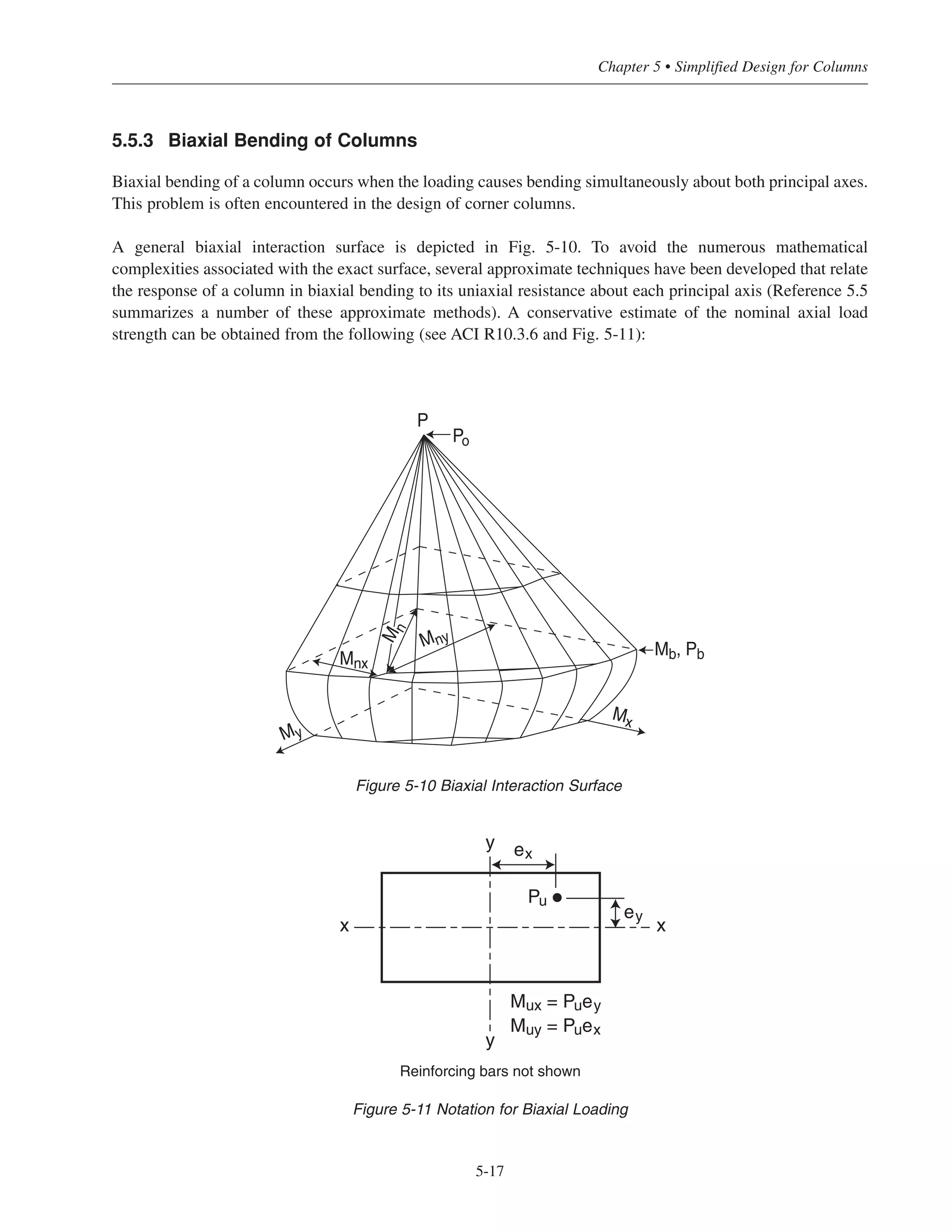 Simplified Design • EB204
5-16
8 and 16 bar arrangements can be supported by the separate crossties shown in Fig. 5-9. Again, it is important
to alternate the position of the 90° hooked end at each successive tie location. The two-piece tie shown for the
12 bar arrangement should be lap spliced at least 1.3 times the tensile development length of the tie bar, ˜d
, but
not less than 12 in. To eliminate the supplementary ties for the 8, 12, and 16 bar arrangements, 2, 3, and 4 bar
bundles at each corner may also be used; at least No. 4 ties are required in these cases (ACI 7.10.5.1).
Column ties must be located not more than one-half a tie spacing above top of footing or slab in any story,
and not more than one-half a tie spacing below the lowest reinforcement in the slab (or drop panel) above (see
ACI 7.10.5.4 and Table 5-2). Where beams frame into a column from four sides, ties may be terminated 3 in.
below the lowest beam reinforcement (ACI 7.10.5.5). Note that extra ties are required within 6 in. from points
of offset bends at column splices (see ACI 7.8.1 and Chapter 8).
Alt. hook
90∞ (typ.)
Column β 18 in. Preassembled
Cages
Field Erection
Alt. hooks (typ.)
20 in., 22 in., and 24 in. columns
8 bars
12 bars
Field Erection All 12 bar arrangements
Lap splice ≥ greater of
16 bars
Preassembled
Cages
Field Erection
All 16 bar arrangements
1.3˜d
12
Figure 5-9 Column Tie Details
 