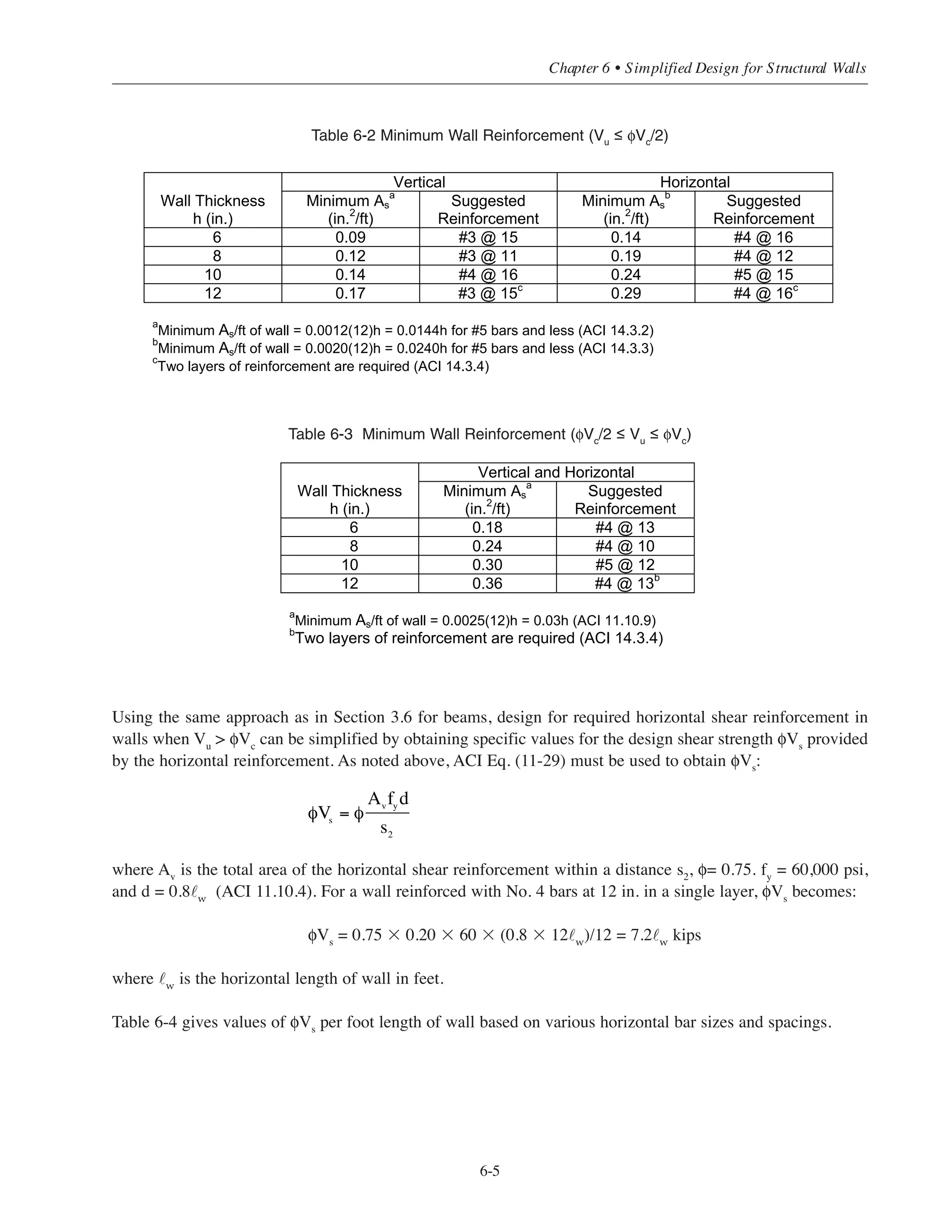 Therefore, the frame can be considered non-sway for column design. Since the wall segments in the E-W
direction provide most of the stiffness in this direction, the 8 ft length provided for the stairwell enclosure is
more than adequate.
6.4 DESIGN FOR SHEAR
Design for horizontal shear forces (in the plane of the wall) can be critical for structural walls with small
height-to-length ratios (i.e., walls in low-rise buildings). Special provisions for walls are given in ACI 11.9. In
addition to shear, the flexural strength of the wall must also be considered (see Section 6.5).
Walls with minimum amounts of vertical and horizontal reinforcement are usually the most economical. If
much more than the minimum amount of reinforcement is required to resist the factored shear forces, a change
in wall size (length or thickness) should be considered. The amounts of vertical and horizontal reinforcement
required for shear depend on the magnitude of the factored shear force, Vu
. Table 6-1 summarizes the amounts
of vertical and horizontal reinforcement required for shear for structural walls.
Table 6-1 Shear Reinforcement for Structural Walls
(1) When the factored shear force is less than or equal to one-half the shear strength provided by concrete
(Vu ≤ φVc/2), minimum wall reinforcement according to ACI 14.3 must be provided. For walls subjected
to axial compressive forces, φVc may be taken as hd for normal weight concrete where h is the
thickness of the wall, d = 0.8˜w (ACI 11.9.4), and ˜w is the length of the wall (ACI 11.9.5). Suggested
vertical and horizontal reinforcement for this situation is given in Table 6-2.
(2) When the design shear force is more than one-half the shear strength provided by concrete (Vu  φVc/2),
minimum shear reinforcement according to ACI 11.9.9 must be provided. Suggested reinforcement (both
vertical and horizontal) for this situation is given in Table 6-3.
(3) When the design shear force exceeds the concrete shear strength (Vu  φVc), horizontal shear
reinforcement must be provided according to ACI Eq. (11-29). Note that the vertical and horizontal
reinforcement must not be less than that given in Table 6-3.
φ2λ ʹfc
Simplified Design • EB204
6-4
Vu Horizontal Shear Reinforcement Vertical Shear Reinforcement
Vu  ␾Vc/2 ρt = 0.0020 for #5 and smaller ρ = 0.0012 for #5 and smaller
ρt = 0.002 5 for other bars ρ = 0.0015 for other bars
␾Vc/2  V u  ␾Vc ρt = 0.0025 ρ = 0.0025
Vu  ␾Vc ␾Vs = ␾Avfyd/S2 ρ = 0.0025 + 0.5[2.5- ]( ρ)/(h ww t - 0.0025)
␾Vs + ␾Vc = Vu
␾Vs + ␾Vc  10␾ )8(0.hf w
'
c
 