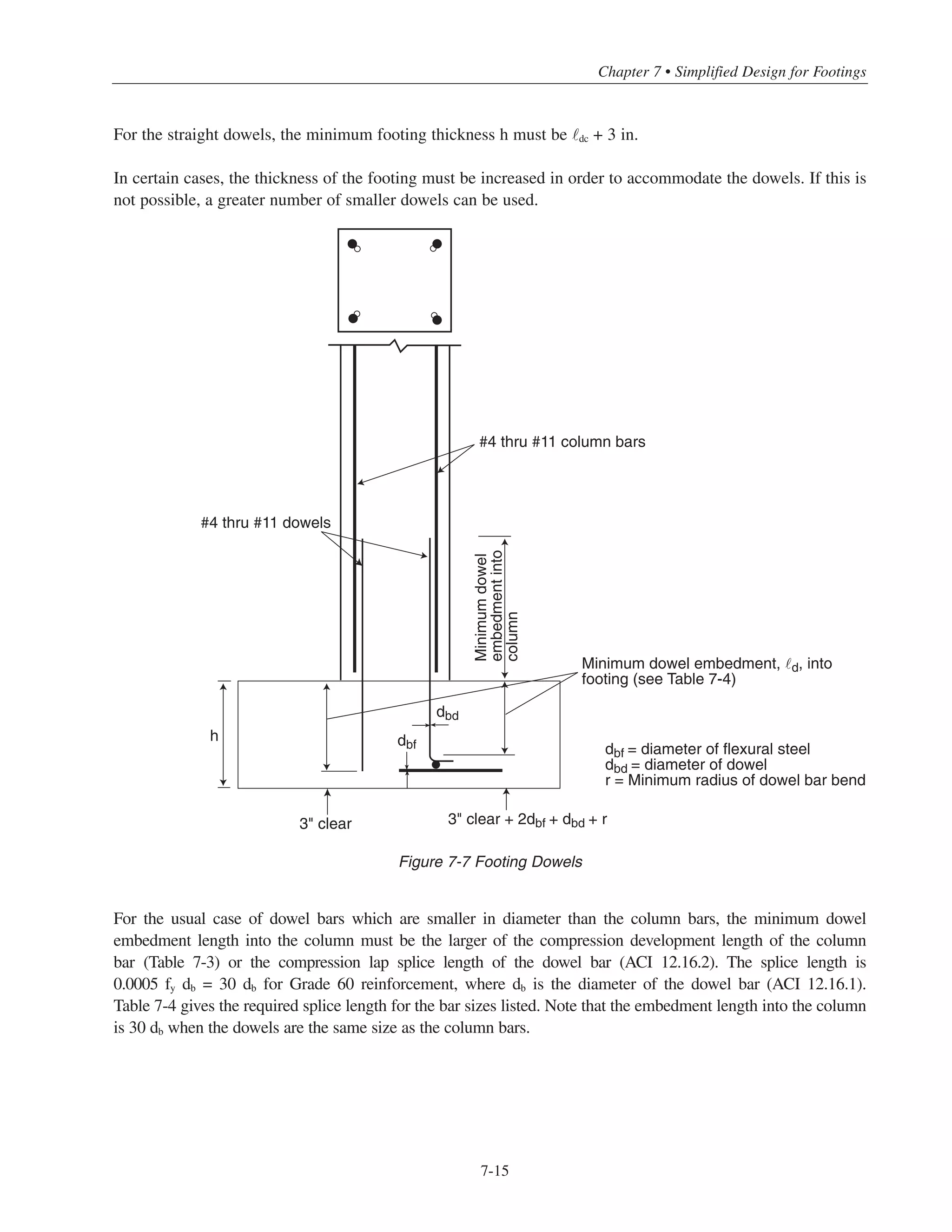 Simplified Design • EB204
7-14
Figure 7-7 shows the minimum dowel embedment lengths into the footing and column. For normalweight
concrete the dowels must extend into the footing a compression development length of , but
not less than 0.0003dbfy, where db is the diameter of the dowel bar (ACI 12.3.2)*. Table 7-3 gives the
minimum values of ˜dc for concrete with › = 3000, 4000, 5000 and 6000 psi**. The dowel bars are usually
extended down to the level of the flexural steel of the footing and hooked 90°as shown in Fig. 7-7. The hooks
are tied to the flexural steel to hold the dowels in place. It is important to note that the bent portions of
the dowels cannot be considered effective for developing the bars in compression. In general, the following
condition must be satisfied when hooked dowels are used:
h  ˜dc + r + dbd + 2dbf + 3 in.
where r = minimum radius of dowel bar bend (ACI Table 7.2), in.
dbd = diameter of dowel, in.
dbf = diameter of flexural steel, in.
dc = 0.02db fy / ʹfc
Table 7-2 Bearing Capacity and Minimum Area of Reinforcement Across Interface
Table 7-3 Minimum Compression Development ˜dc Length for Grade 60 Bars
* The compression development length may be reduced by the applicable factor given in ACI 12.3.3.
** ˜dc can conservatively be taken as 22 db for all concrete with ›  3000 psi.
 