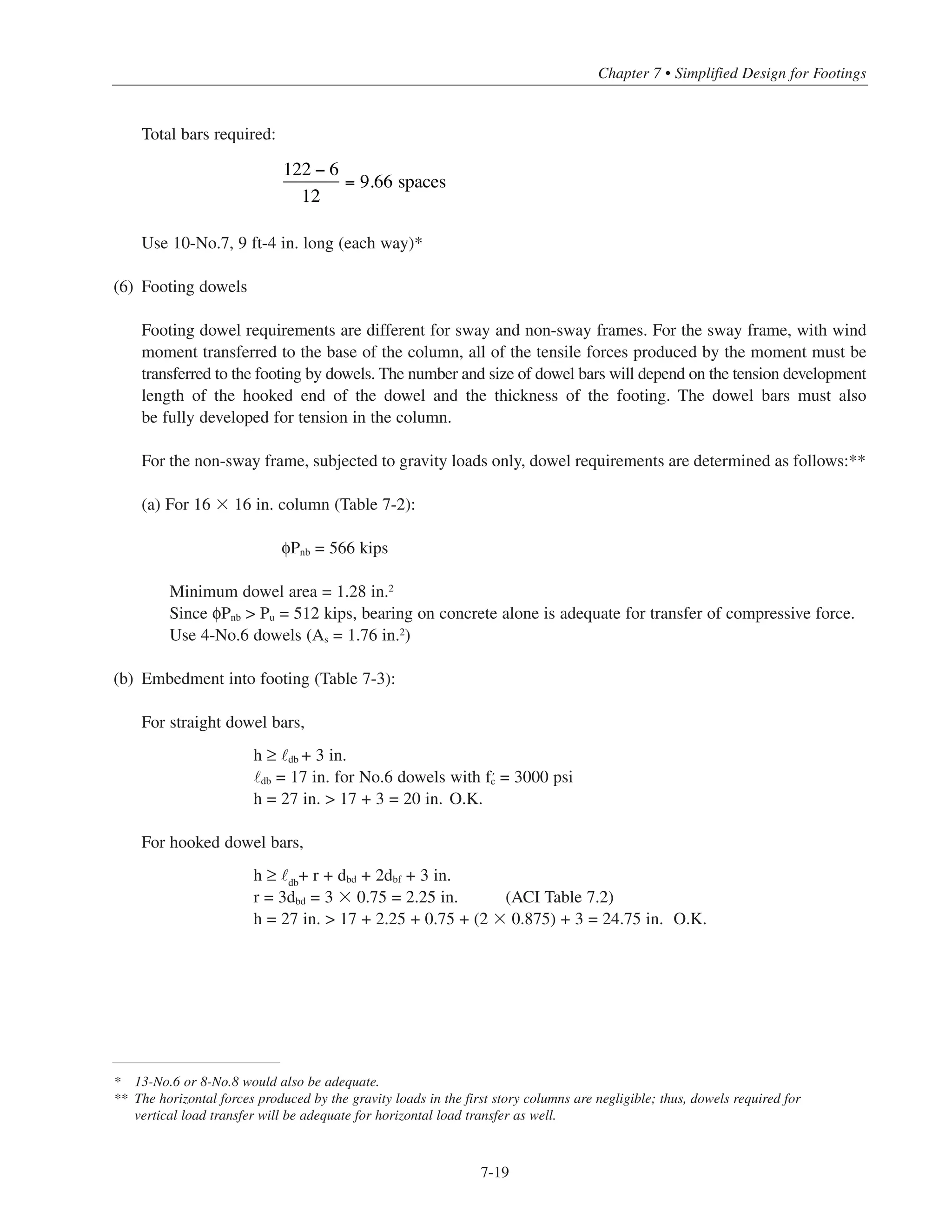 Simplified Design • EB204
7-18
(4) Footing thickness
Footing projection
c = [(9.5 – 16/12)]/2 = 4.08 ft
Try h = 27 in. (2 ft-3 in.)
Check if the footing thickness is adequate for shear:
d ഡ 27– 4 = 23 in.
For wide-beam shear, use Fig. 7-3. With qu
= = 5.7 ksf, read d/c ഡ 0.33. Therefore, the minimum d is
d = 0.33 ϫ 4.08 = 1.35 ft = 16.2 in.  23 in. O.K.
Use Fig. 7-4 for two-way shear:
Interpolating between Af/Ac = 45 and 60, read d/c1 1.13 for qu = 5.7 ksf. The minimum d for two-way shear is:
d = 1.13 ϫ 16 = 18.1 in.  23 in. O.K.
Therefore, the 27 in. footing depth (d = 23 in.) is adequate for flexure and shear.
(5) Footing reinforcement
As = 0.022 h = 0.022(27) = 0.59 in.2
/ft
Try No.7 @ 12 in. (As = 0.60 in.2/ft; see Table 3-7)
Determine the development length of the No.7 bars (see Fig. 7-6):
cover = 3 in.  2db = 2 ϫ 0.875 = 1.8 in.
side cover = 3 in.  2.5 ϫ 0.875 = 2.2 in.
clear spacing = 12 – 0.875 = 11.1 in.  5 x 0.875 = 4.4 in.4.4 in.
Since all of the cover and spacing criteria given in Fig. 7-6 are satisfied, Table 7-1 can be used to deter-
mine the minimum development length.
For › = 4000 psi: d = 42 in.
Check available development length:
L = 9.5 ϫ 12 = 114 in.  (2 ϫ 42) + 16 + 6 = 106 in. O.K.
Use 9 ft-6 in. ϫ 9 ft-6 in. square footing (L=118 in.)
Af
Ac
=
90.25
162
/144( )
= 50.8
h = 2.2c
Pu
Af
+ 4 in. = 2.2 4.08( )
512
90.25
+ 4 = 25.4 in.  10 in. O.K.
512
90.25
 