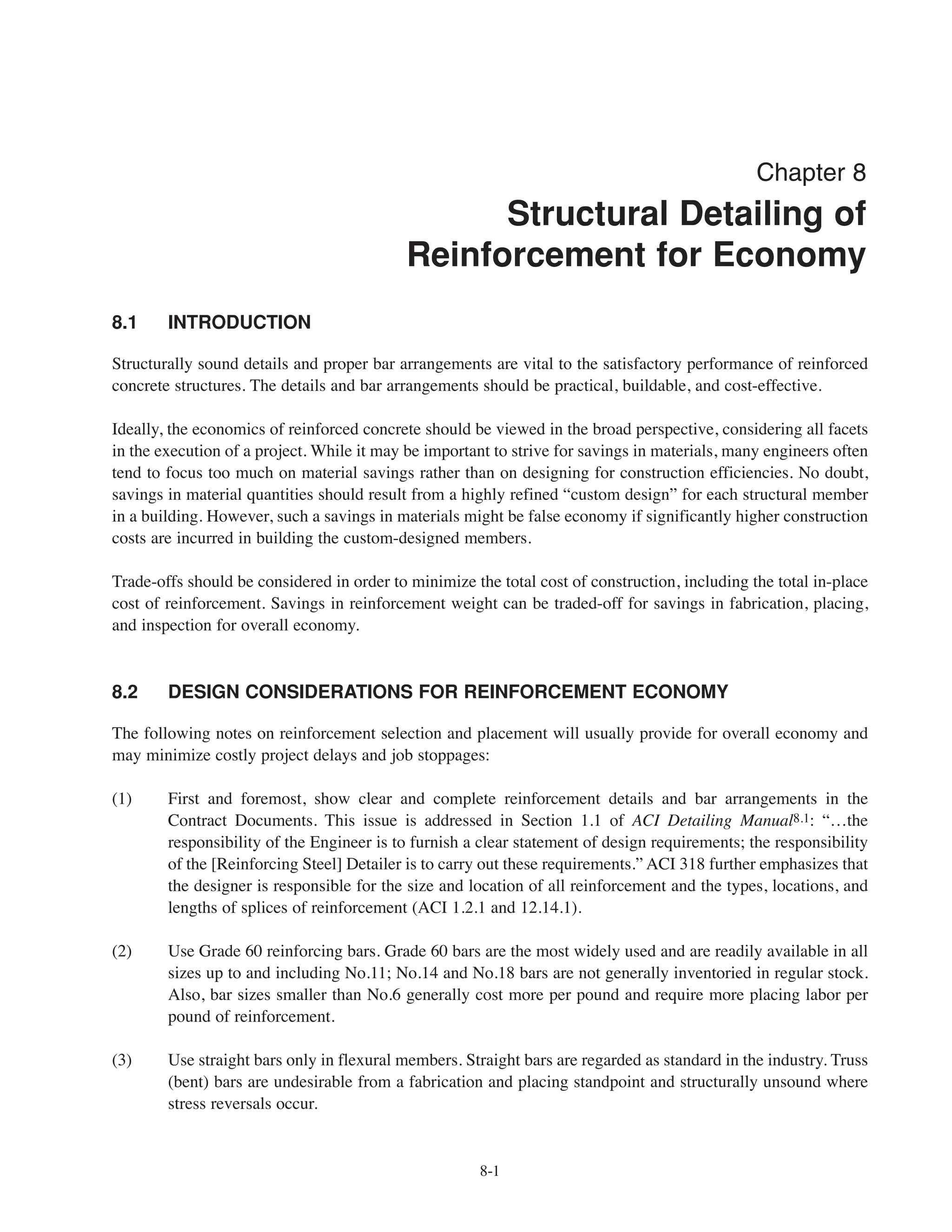 Simplified Design • EB204
7-22
For f’c = 4000 psi:
Bearing on column:
Allowable bearing load = 0.85φf’cAg, φ = 0.55 ACI 318, Section 22.5.5
= 0.85 ϫ 0.55 ϫ 4 ϫ 162
= 479 kips  Pu 501 kips
The excess compression must be transferred to the footing by reinforcement consisting of extended column
bars or dowels (calculations not show).
Figure 7-11 illustrates the footing for this case.
References
7.1 Notes on ACI 318-08, Chapter 7, Design for Flexure, 10th Edition, EB708, Portland Cement Association,
Skokie, Illinois, 2008.
7.2 Building Code Requirements for Structural Concrete ACI 318-11 and Commentary, American Concrete
Institute, Farmington Hills, Michigan, 2011.
h = 4.15c
Pu
Af
+ 2in. = 4.15 4.25( )
512
96.7
+ 2 = 40.6 + 2 = 42.6in.
4-#8 column bars
2'-0
4-#6 dowels x 4'-0
3'-9
9'-6 square
Figure 7-11 Plain Concrete Footing for Interior Column of Building No. 2 (Non-sway Frame)
 
