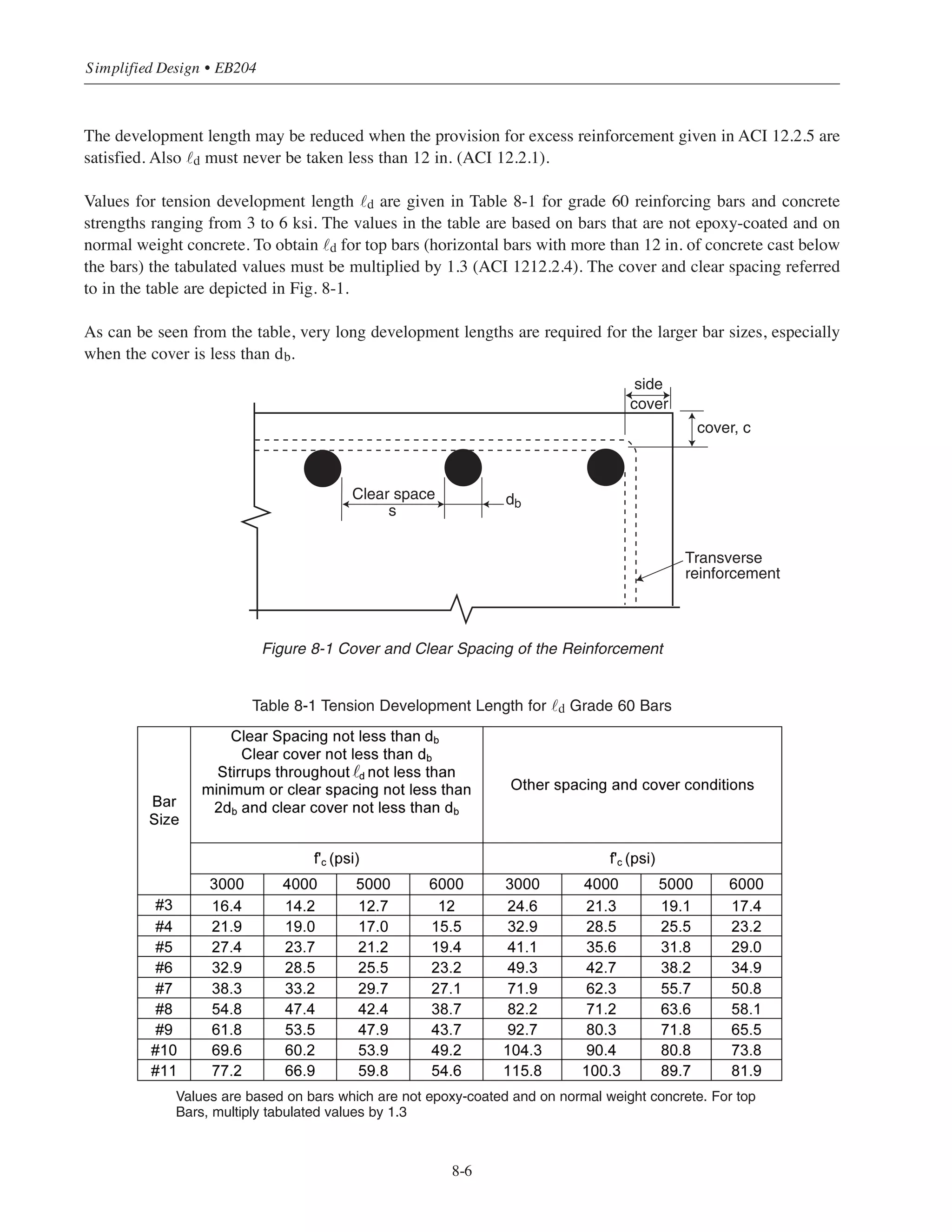 where
˜d = development length, in.
db = nominal diameter of bar, in.
fy = specified yield strength for bar, psi
› = specified compressive strength of concrete, psi
ψt = reinforcement location factor
= 1.3 for horizontal reinforcement so placed that more than 12 in. of fresh concrete is cast below
the bar being developed or spliced
= 1.0 for other reinforcement
ψe = coating factor
= 1.5 for epoxy-coated bars with cover less than 3db or clear spacing less than 6db
= 1.2 for all other epoxy-coated bars
= 1.0 for uncoated reinforcement
The product of ψt and ψe need not be taken greater than 1.7.
λ = lightweight aggregate concrete factor
= 1.3 when lightweight aggregate concrete is used, or
= 1.0 for normal weight concrete
The above equations are valid for clear spacing of bars being developed or spliced not less than db,
clear cover not less than db and stirrups or ties not less than the code minimum, or clear spacing not
less than 2db and clear cover not less than db (ACI 12.2.2). For cases where the reinforced bars are
closely spaced, or the provided cover is less than db, the development length must be increased ACI
R12.2.
For 4000 psi normal weight concrete and uncoated reinforcing bottom bars:
˜d = 38 db for No. 6 and smaller bars
˜d = 48 db for No. 7 and larger bars
d
=
fy
ψ t
ψ e
25λ ʹfc
⎛
⎝
⎜
⎞
⎠
⎟ db
For No. 6 and smaller bars
d
=
fy
ψ t
ψ e
20λ ʹfc
⎛
⎝
⎜
⎞
⎠
⎟ db
For No. 7 and smaller bars
8-5
Chapter 8 • Structural Detailing of Reinforcement for Economy
 