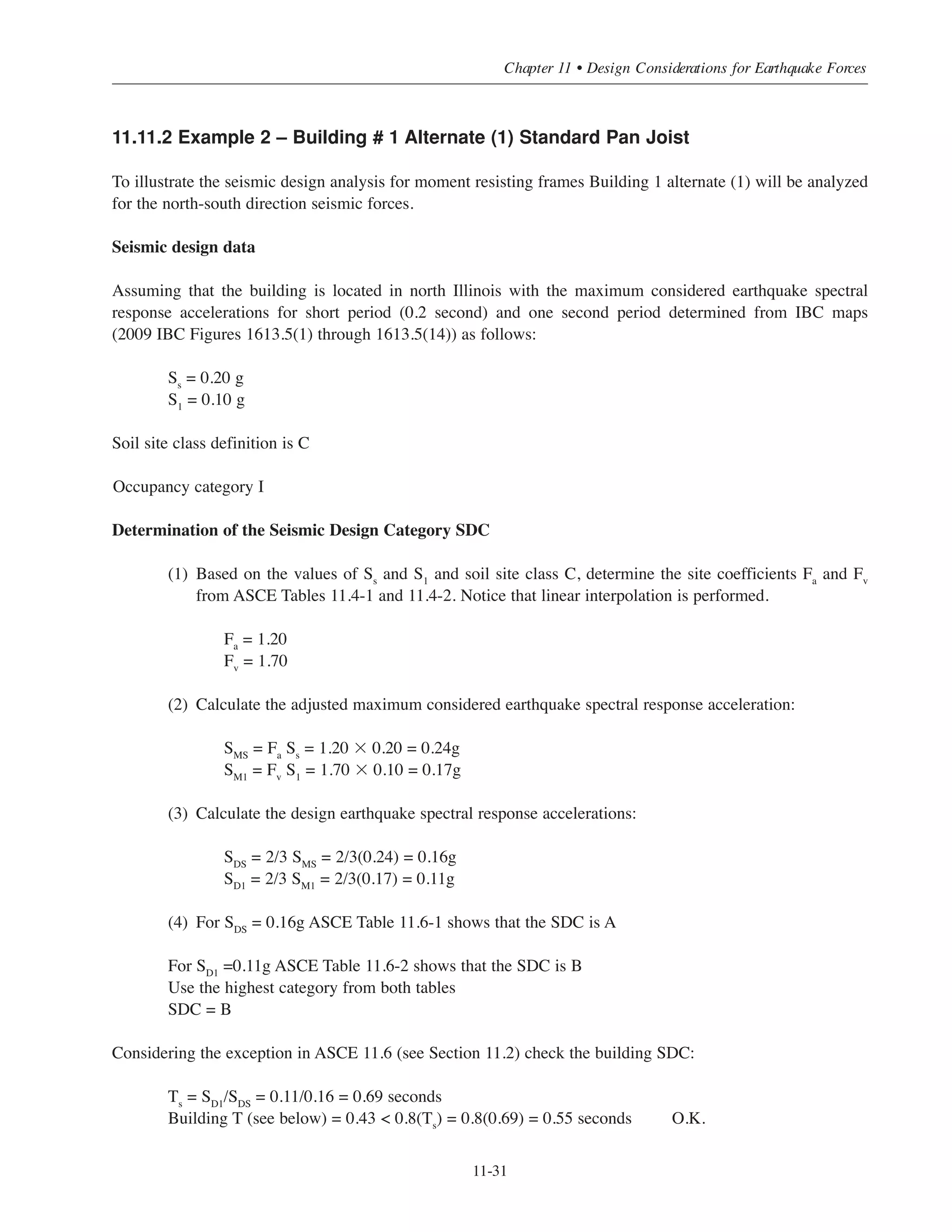 Simplified Design • EB204
11-30
For No. 6 @ 15 in.:
Ast
= 0.0037 ϫ 96(8) = 2.82 in.2
In order to compensate for the big difference between φMn
and Mu
the thickness and reinforcement of this seg-
ment of the wall need to be increased. Increasing the thickness to 10 in. and use two layers off reinforcements.
Use two layers No. 6 @ 4 in. spacing
ρ = 2 ϫ 0.44/(10 ϫ 4) = 0.022
Ast
= 0.0022 ϫ 96(10) = 21.12in.2
ω =
21.12
96 ×10
⎛
⎝
⎜
⎞
⎠
⎟
60
4
= 0.33
α =
109.8
96 × 8 × 4
= 0.33
c
w
=
0.33+ 0.029
2 0.33( )+ 0.72
= 0.259
Mn
= 0.5 × 21.12 × 60 × 96 1+
109.8
21.12 × 60
⎛
⎝
⎜
⎞
⎠
⎟ 1− 0.259( )/12 = 4079 ft − kips
φMn
= 0.9 4079( ) = 3671ft − kips  Mu
= 3560 ft − kips. O.K.
ω =
2.82
96 × 8
⎛
⎝
⎜
⎞
⎠
⎟
60
4
= 0.055
α =
109.8
96 × 8 × 4
= 0.036
c
w
=
0.055 + 0.036
2 0.055( )+ 0.72
= 0.109
Mn
= 0.5 × 2.82 × 60 × 96 1+
109.8
2.82 × 60
⎛
⎝
⎜
⎞
⎠
⎟ 1− 0.109( )/12 = 994 ft − kips
φMn
= 0.9 994( ) = 894 ft − kips  Mu
= 3560 ft − kips.
 