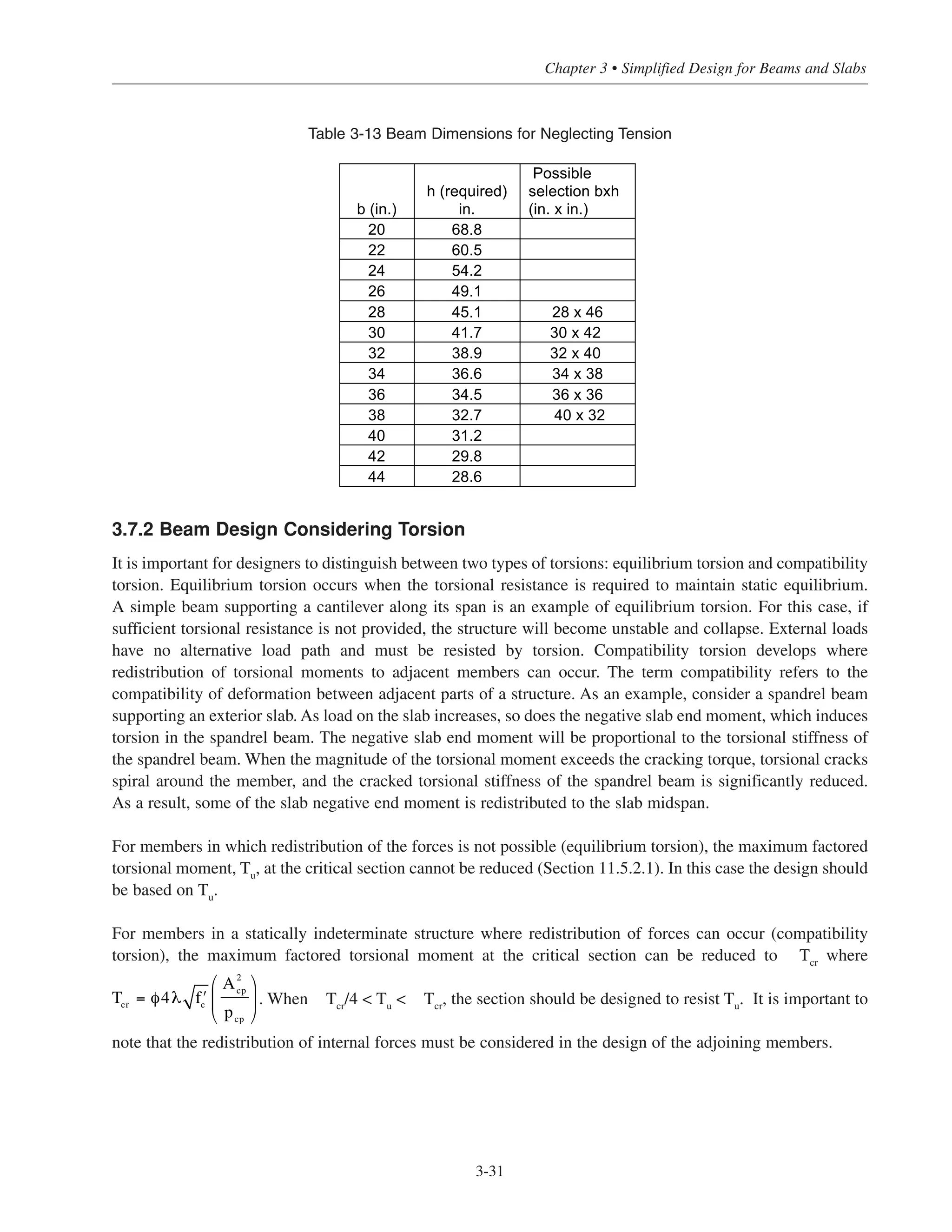 3-31
Chapter 3 • Simplified Design for Beams and Slabs
3.7.2 Beam Design Considering Torsion
It is important for designers to distinguish between two types of torsions: equilibrium torsion and compatibility
torsion. Equilibrium torsion occurs when the torsional resistance is required to maintain static equilibrium.
A simple beam supporting a cantilever along its span is an example of equilibrium torsion. For this case, if
sufficient torsional resistance is not provided, the structure will become unstable and collapse. External loads
have no alternative load path and must be resisted by torsion. Compatibility torsion develops where
redistribution of torsional moments to adjacent members can occur. The term compatibility refers to the
compatibility of deformation between adjacent parts of a structure. As an example, consider a spandrel beam
supporting an exterior slab. As load on the slab increases, so does the negative slab end moment, which induces
torsion in the spandrel beam. The negative slab end moment will be proportional to the torsional stiffness of
the spandrel beam. When the magnitude of the torsional moment exceeds the cracking torque, torsional cracks
spiral around the member, and the cracked torsional stiffness of the spandrel beam is significantly reduced.
As a result, some of the slab negative end moment is redistributed to the slab midspan.
For members in which redistribution of the forces is not possible (equilibrium torsion), the maximum factored
torsional moment, Tu, at the critical section cannot be reduced (Section 11.5.2.1). In this case the design should
be based on Tu
.
For members in a statically indeterminate structure where redistribution of forces can occur (compatibility
torsion), the maximum factored torsional moment at the critical section can be reduced to Tcr
where
. When Tcr/4 < Tu < Tcr, the section should be designed to resist Tu. It is important to
note that the redistribution of internal forces must be considered in the design of the adjoining members.
b (in.)
h (required)
in.
Possible
selection bxh
(in. x in.)
20 68.8
22 60.5
24 54.2
26 49.1
28 45.1 28 x 46
30 41.7 30 x 42
32 38.9 32 x 40
34 36.6 34 x 38
36 34.5 36 x 36
38 32.7 40 x 32
40 31.2
42 29.8
44 28.6
Table 3-13 Beam Dimensions for Neglecting Tension
Tcr = φ4λ ʹfc
A2
cp
pcp
⎛
⎝
⎜
⎞
⎠
⎟
 