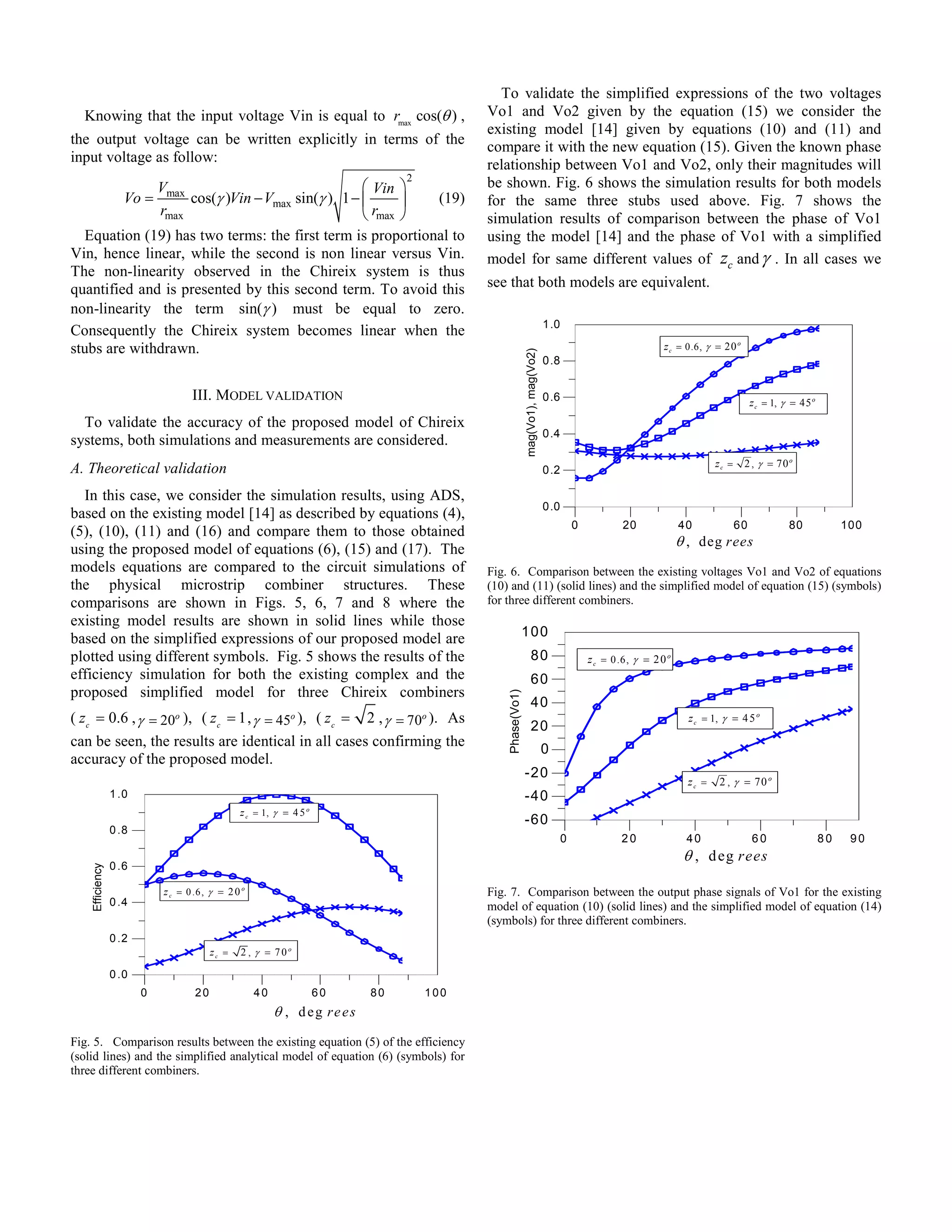 To validate the simplified expressions of the two voltages
  Knowing that the input voltage Vin is equal to rmax cos(θ ) ,                             Vo1 and Vo2 given by the equation (15) we consider the
                                                                                            existing model [14] given by equations (10) and (11) and
the output voltage can be written explicitly in terms of the                                compare it with the new equation (15). Given the known phase
input voltage as follow:                                                                    relationship between Vo1 and Vo2, only their magnitudes will
                                                                                  2
              Vmax                                Vin                                     be shown. Fig. 6 shows the simulation results for both models
                   cos(γ )Vin − Vmax sin(γ ) 1 − 
                    Vo =                                  (19)                             for the same three stubs used above. Fig. 7 shows the
              rmax                                rmax                                    simulation results of comparison between the phase of Vo1
  Equation (19) has two terms: the first term is proportional to                            using the model [14] and the phase of Vo1 with a simplified
Vin, hence linear, while the second is non linear versus Vin.                               model for same different values of zc and γ . In all cases we
The non-linearity observed in the Chireix system is thus
quantified and is presented by this second term. To avoid this                              see that both models are equivalent.
non-linearity the term sin(γ ) must be equal to zero.
                                                                                                                                  1.0
Consequently the Chireix system becomes linear when the
stubs are withdrawn.                                                                                                                                               z c = 0.6, γ = 20 o




                                                                                                             mag(Vo1), mag(Vo2)
                                                                                                                                  0.8


                                   III. MODEL VALIDATION                                                                          0.6                                                       z c = 1, γ = 45 o
  To validate the accuracy of the proposed model of Chireix
                                                                                                                                  0.4
systems, both simulations and measurements are considered.
                                                                                                                                                                                zc =     2 , γ = 70 o
A. Theoretical validation                                                                                                         0.2

  In this case, we consider the simulation results, using ADS,
                                                                                                                                  0.0
based on the existing model [14] as described by equations (4),
                                                                                                                                            0           20              40             60             80             100
(5), (10), (11) and (16) and compare them to those obtained
                                                                                                                                                                        θ , deg rees
using the proposed model of equations (6), (15) and (17). The
models equations are compared to the circuit simulations of                                 Fig. 6. Comparison between the existing voltages Vo1 and Vo2 of equations
the physical microstrip combiner structures. These                                          (10) and (11) (solid lines) and the simplified model of equation (15) (symbols)
comparisons are shown in Figs. 5, 6, 7 and 8 where the                                      for three different combiners.
existing model results are shown in solid lines while those
based on the simplified expressions of our proposed model are                                                100
plotted using different symbols. Fig. 5 shows the results of the                                                    80                          z c = 0 .6, γ = 2 0 o
efficiency simulation for both the existing complex and the                                                         60
proposed simplified model for three Chireix combiners
                                                                                                Phase(Vo1)




                                                                                                                    40
( z c = 0.6 , γ = 20o ), ( z c = 1 , γ = 45o ), ( z c = 2 , γ = 70o ). As                                                                                                 z c = 1, γ = 4 5 o
                                                                                                                    20
can be seen, the results are identical in all cases confirming the                                                                0
accuracy of the proposed model.
                                                                                                             -20
                                                                                                                                                                         zc =    2 , γ = 70 o
                 1 .0                                                                                        -40
                                                z c = 1, γ = 4 5 o
                                                                                                             -60
                 0 .8
                                                                                                                                        0               20               40                 60                  80    90
                                                                                                                                                                         θ , d eg rees
                 0 .6
    Efficiency




                            z c = 0 .6 , γ = 2 0 o                                          Fig. 7. Comparison between the output phase signals of Vo1 for the existing
                 0 .4                                                                       model of equation (10) (solid lines) and the simplified model of equation (14)
                                                                                            (symbols) for three different combiners.
                 0 .2
                                         zc =   2 , γ = 70o

                 0 .0
                        0           20               40              60      80       100
                                                          θ , d e g re e s
Fig. 5. Comparison results between the existing equation (5) of the efficiency
(solid lines) and the simplified analytical model of equation (6) (symbols) for
three different combiners.
 