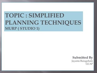 TOPIC : SIMPLIFIED
PLANNING TECHNIQUES
MURP ( STUDIO 1)
Submitted By
Jayanta Buragohain
GCAP
 