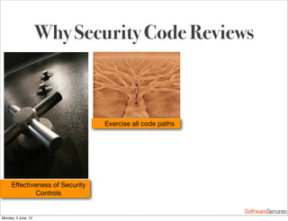 Softwar S cur
Why Security Code Reviews
Eﬀectiveness of Security
Controls
Exercise all code paths
Monday, 3 June, 13
 