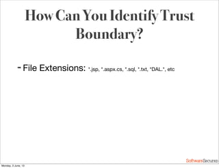 Softwar S cur
How Can You Identify Trust
Boundary?
➡ File Extensions: *.jsp, *.aspx.cs, *.sql, *.txt, *DAL.*, etc
Monday, 3 June, 13
 