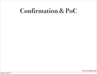Softwar S cur
Confirmation & PoC
Monday, 3 June, 13
 