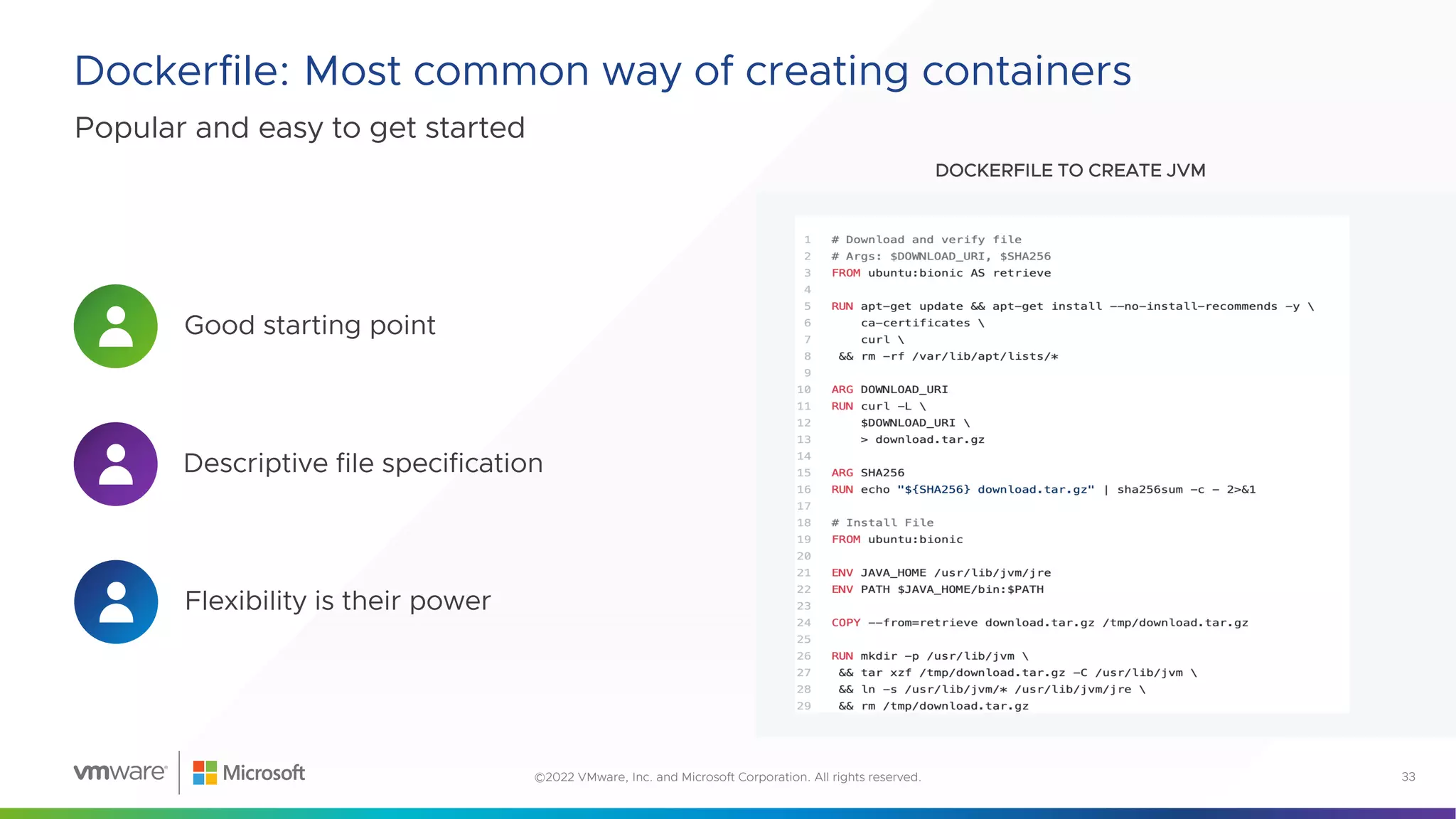 Popular and easy to get started
Dockerfile: Most common way of creating containers
©2022 VMware, Inc. and Microsoft Corporation. All rights reserved. 33
Confidential │ ©2020 VMware, Inc.
• Dockerfiles are the most common way
of creating Docker Images
• Their flexibility is their power
• Run any command, mutate any file
• Their flexibility is their weakness
• Keeping consistent, ensuring security
• Takes a lot of effort for "good"
Dockerfiles
5
Creating Docker Images
DOCKERFILE TO CREATE JVM
Descriptive file specification
Good starting point
Flexibility is their power
 