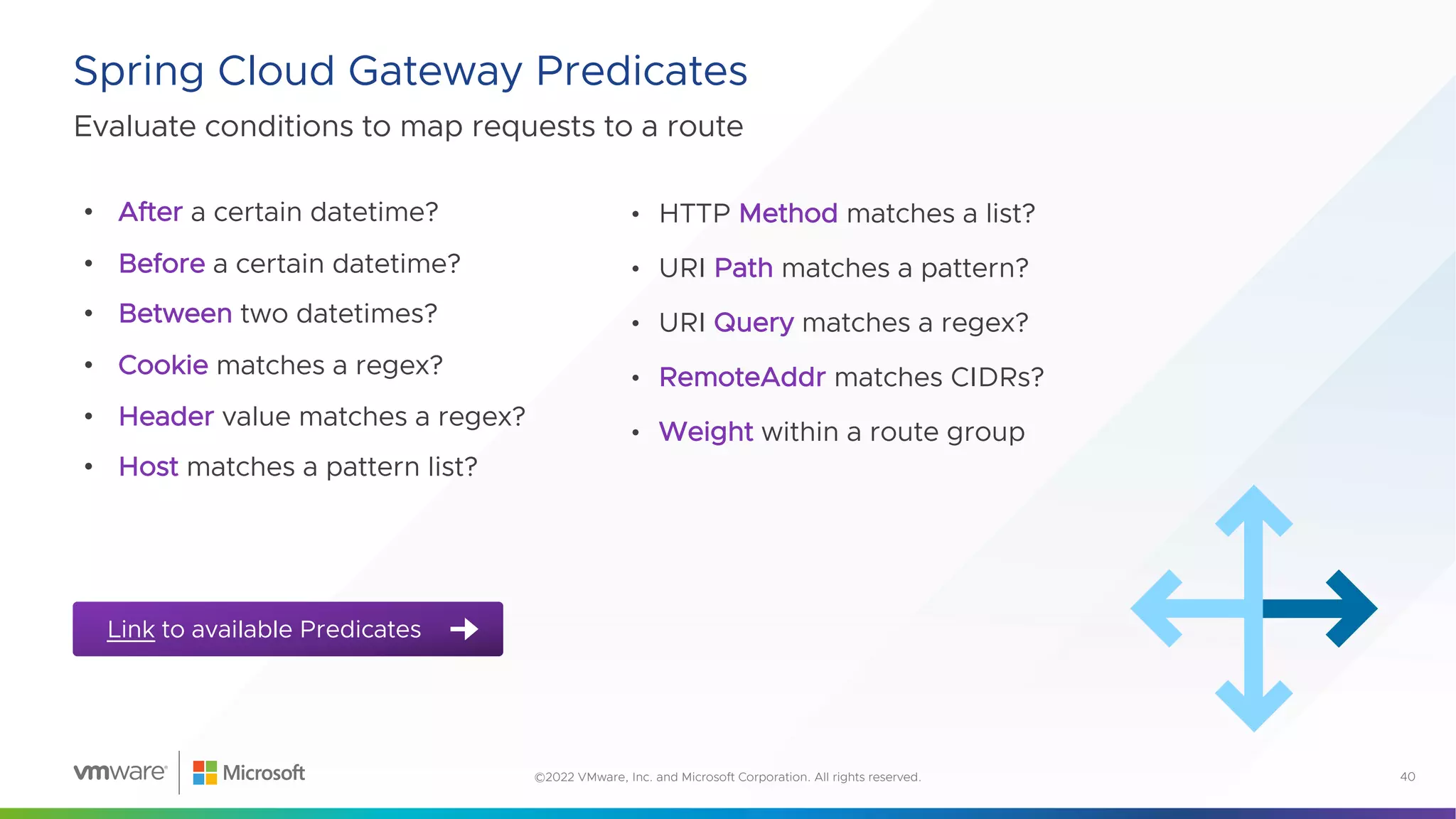 Evaluate conditions to map requests to a route
Spring Cloud Gateway Predicates
40
©2022 VMware, Inc. and Microsoft Corporation. All rights reserved.
• HTTP Method matches a list?
• URI Path matches a pattern?
• URI Query matches a regex?
• RemoteAddr matches CIDRs?
• Weight within a route group
Link to available Predicates
• After a certain datetime?
• Before a certain datetime?
• Between two datetimes?
• Cookie matches a regex?
• Header value matches a regex?
• Host matches a pattern list?
 