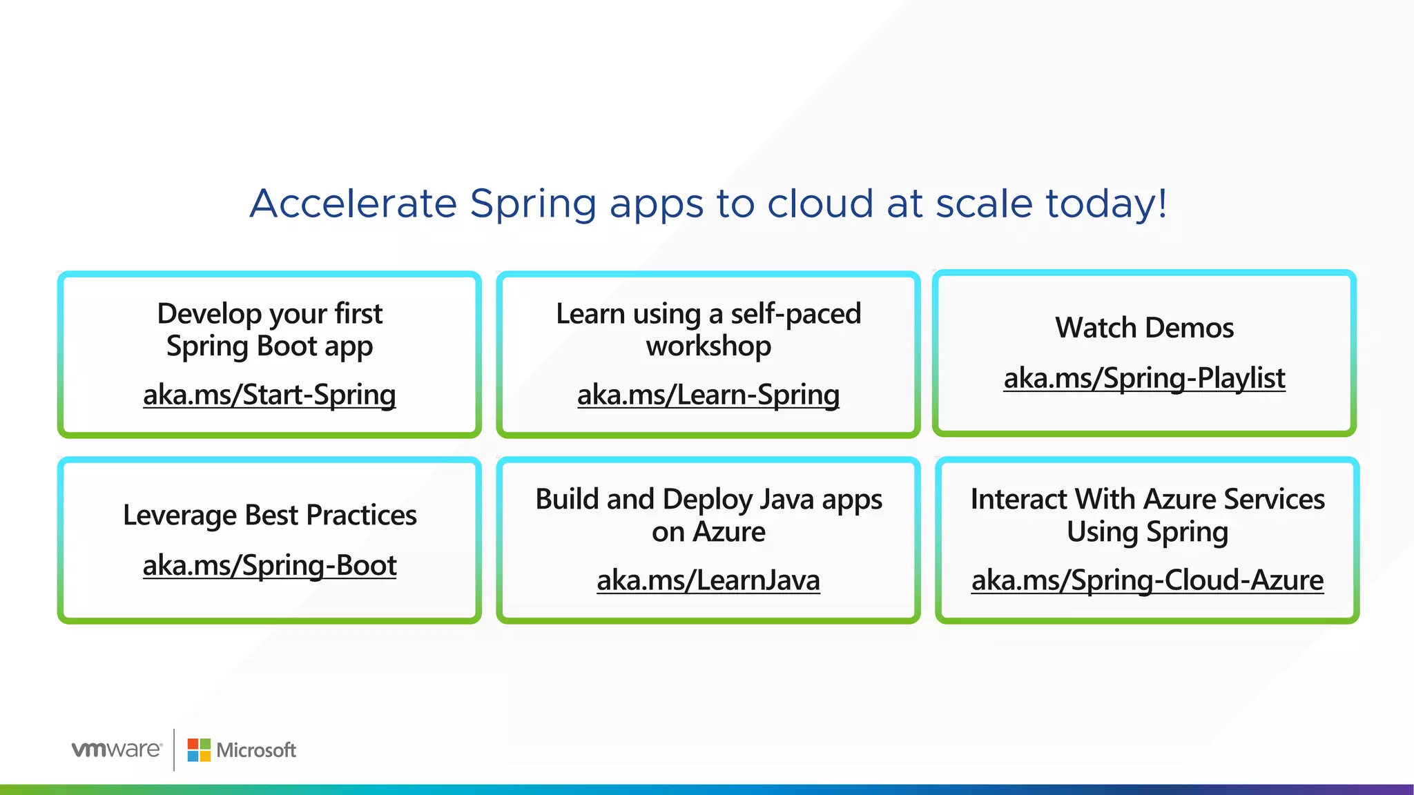 Accelerate Spring apps to cloud at scale today!
Develop your first
Spring Boot app
aka.ms/Start-Spring
Learn using a self-paced
workshop
aka.ms/Learn-Spring
Watch Demos
aka.ms/Spring-Playlist
Leverage Best Practices
aka.ms/Spring-Boot
Build and Deploy Java apps
on Azure
aka.ms/LearnJava
Interact With Azure Services
Using Spring
aka.ms/Spring-Cloud-Azure
 