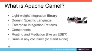 13
•  Light-weight integration library
•  Domain Specific Language
•  Enterprise Integration Patterns
•  Components
•  Routing and Mediation (like an ESB?)
•  Runs in any container (or stand alone)
What is Apache Camel?
 