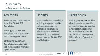 Summary 
A Few Words to Review 
Key topics 
Environment configuration 
to utilize CA WA ESP 
Templates 
Leveraging CA WA ESP 
Templates for automation 
re-occurring processes 
Leveraging CA WA ESP 
Templates for automation 
job re-use across multiple 
applications 
Findings 
Nationwide discovered that 
utilizing templates enables 
a simple approach for 
Workload automation 
which requires dynamic 
changes for parameters 
passed into an CA WA ESP 
Job Definition 
12 © 2014 CA. © 2014 CA. ALL RIGH TASL LR RESIGEHRVTSE DR.E SERVED. 
Experiences 
Utilizing templates enables 
developers to reduce the 
amount of code to develop 
and support. Reducing 
hours in the CA WA ESP 
Application Development 
Life cycle and Operations 
support 
 