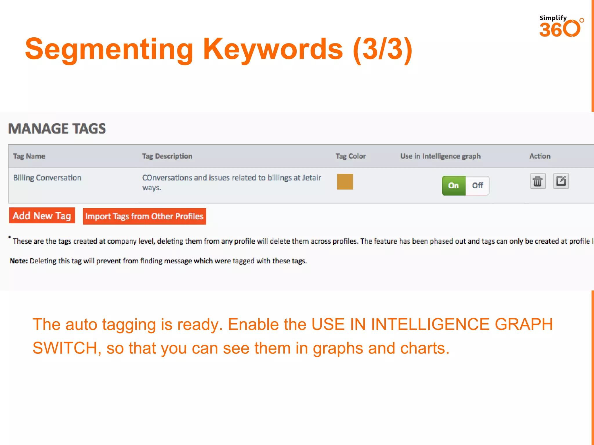 Segmenting Keywords (3/3)

The auto tagging is ready. Enable the USE IN INTELLIGENCE GRAPH
SWITCH, so that you can see them in graphs and charts.

 