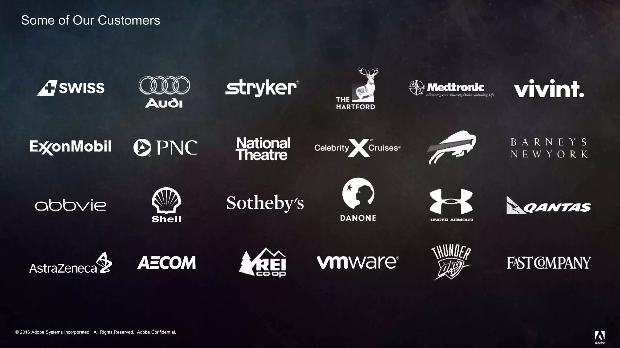 © 2016 Adobe Systems Incorporated. All Rights Reserved. Adobe Confidential.© 2016 Adobe Systems Incorporated. All Rights Reserved. Adobe Confidential.
Some of Our Customers
 