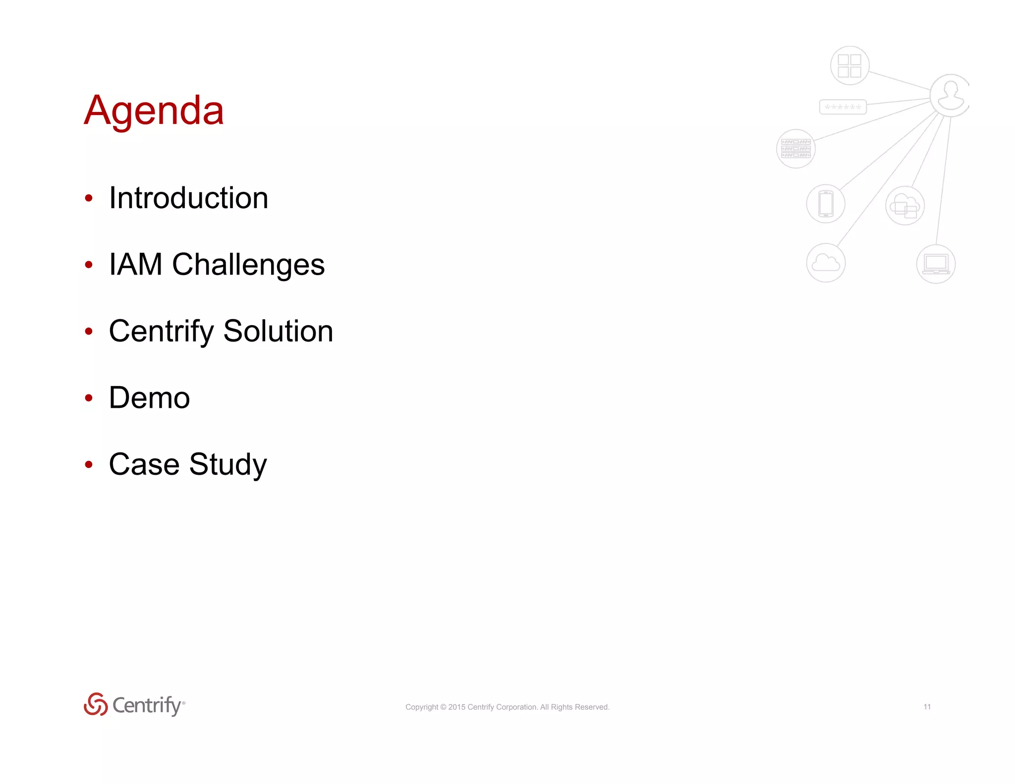 Copyright © 2015 Centrify Corporation. All Rights Reserved. 11
•  Introduction
•  IAM Challenges
•  Centrify Solution
•  Demo
•  Case Study
Agenda
 