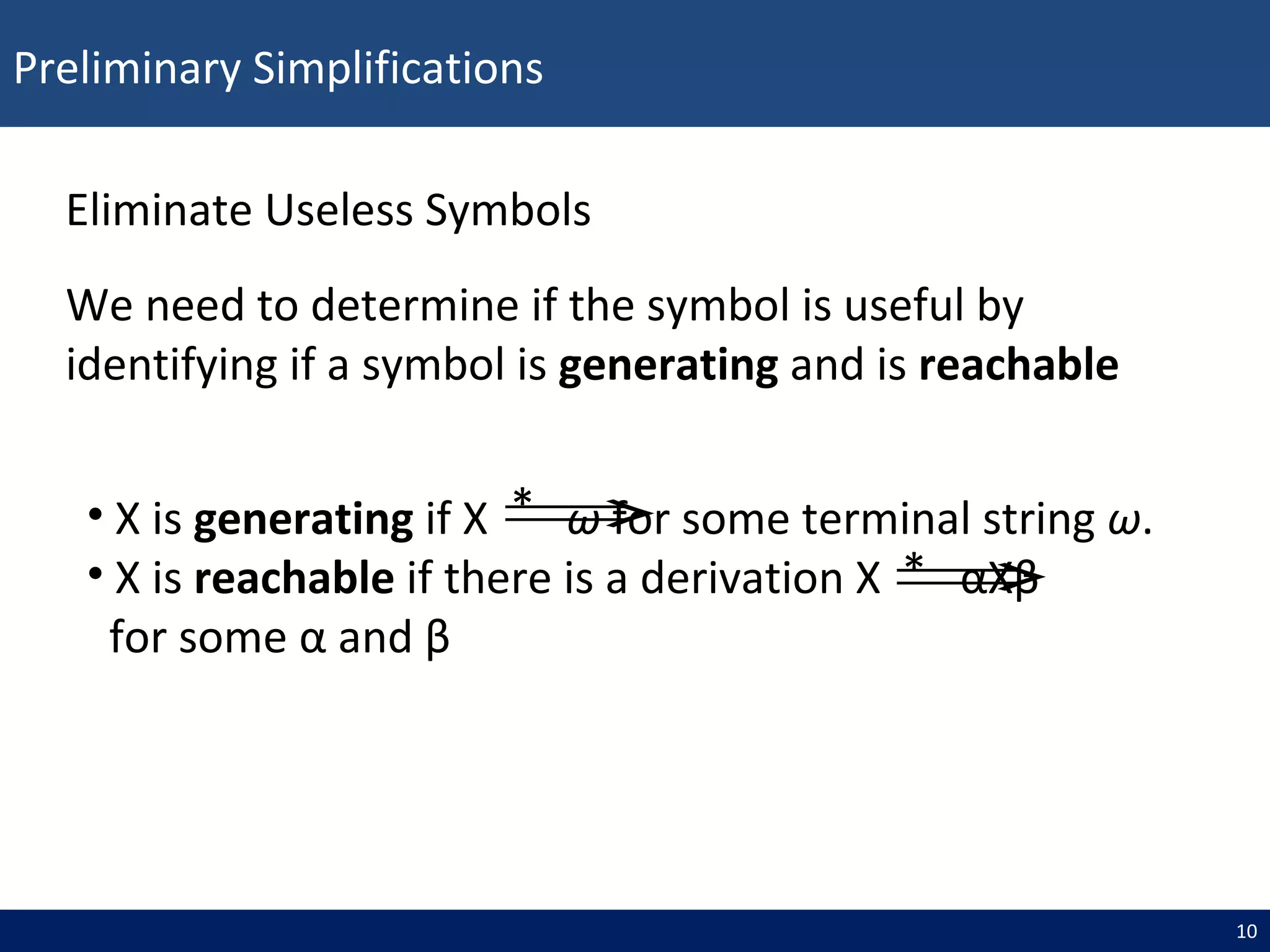 Preliminary Simplifications
10
Eliminate Useless Symbols
We need to determine if the symbol is useful by
identifying if a symbol is generating and is reachable
• X is generating if X ω for some terminal string ω.
• X is reachable if there is a derivation X αXβ
for some α and β
⇒
⇒
*
*
 