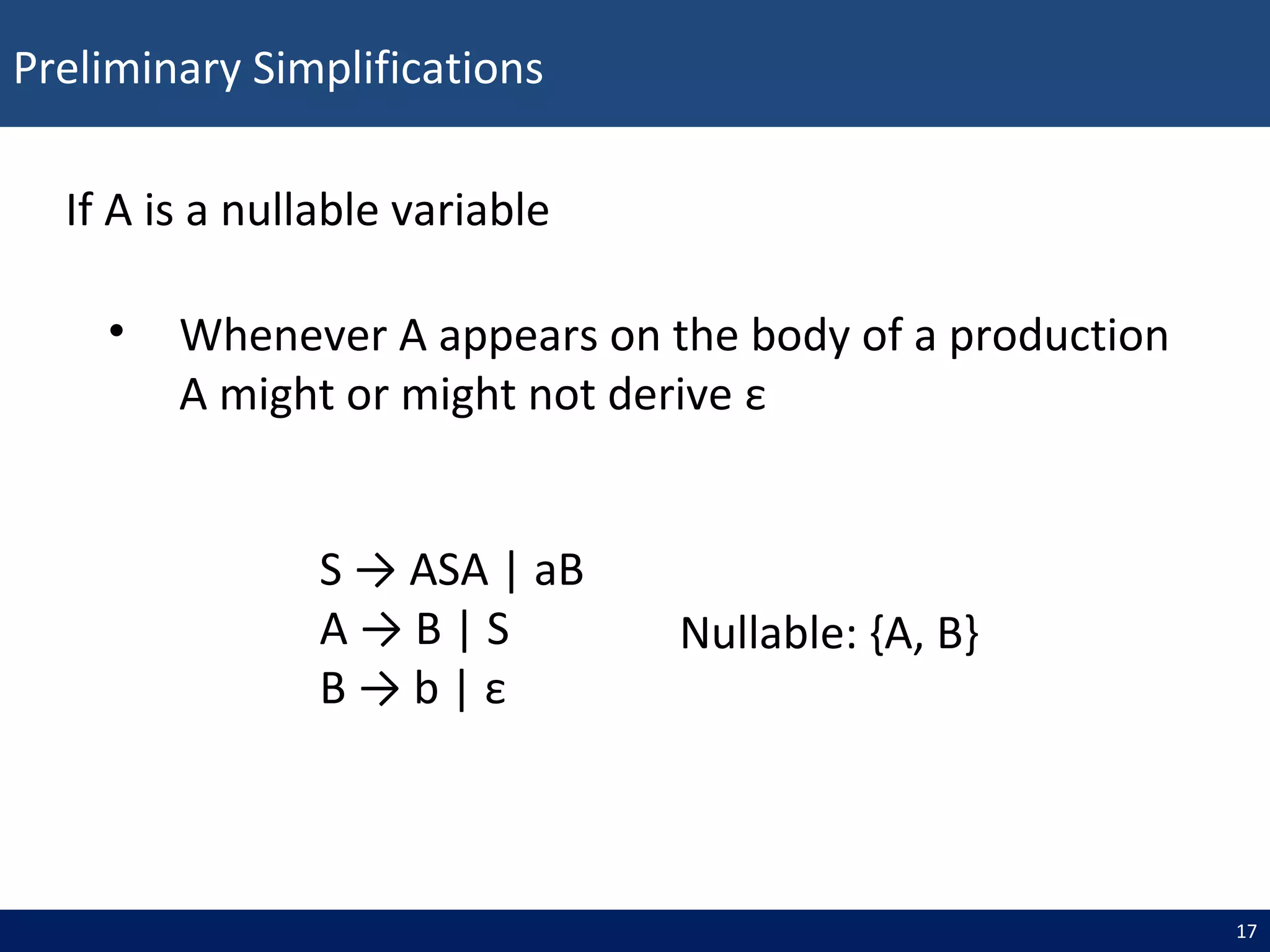 Preliminary Simplifications
17
If A is a nullable variable
• Whenever A appears on the body of a production
A might or might not derive ε
S → ASA | aB
A → B | S
B → b | ε
Nullable: {A, B}
 