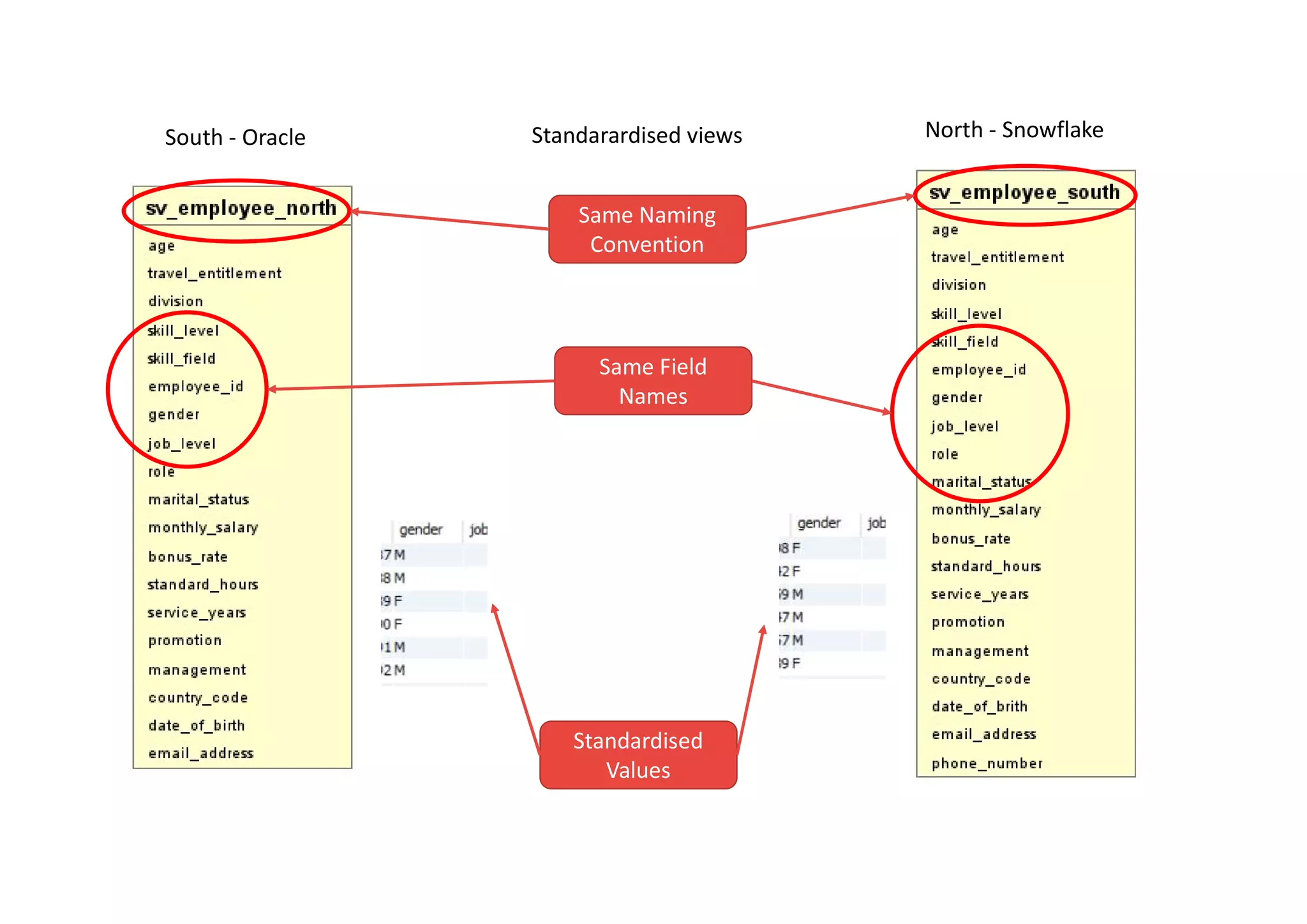 North - Snowflake
South - Oracle Standarardised views
Same Naming
Convention
Same Field
Names
Standardised
Values
 