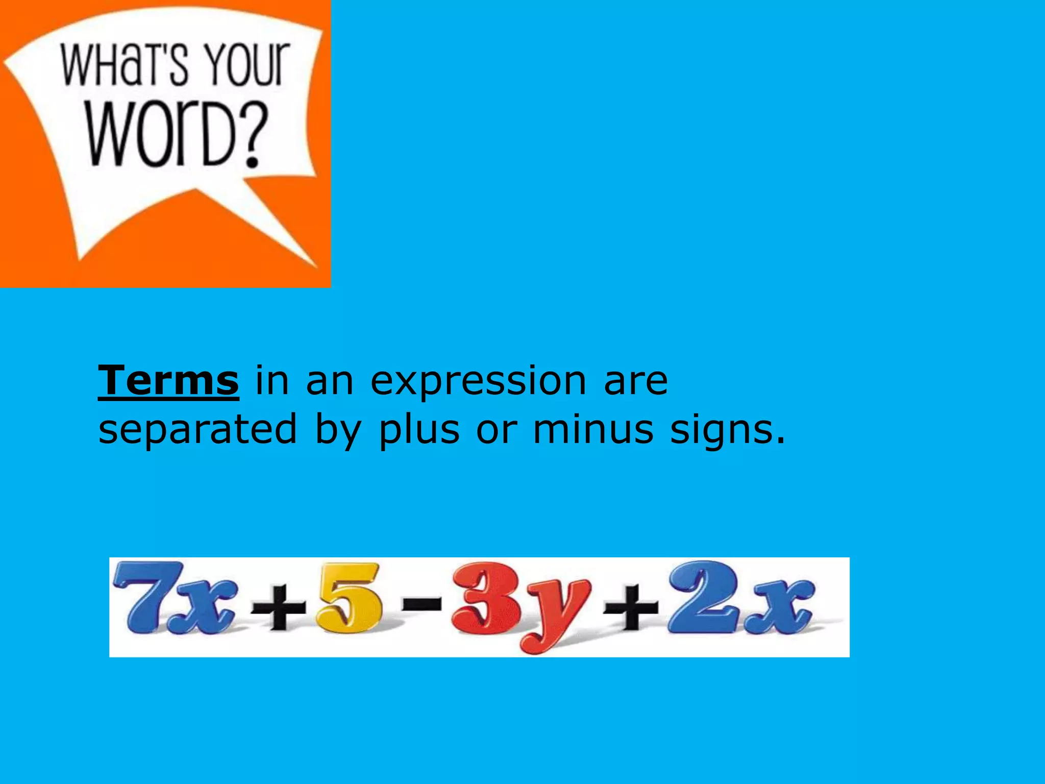 Terms in an expression are
separated by plus or minus signs.
 