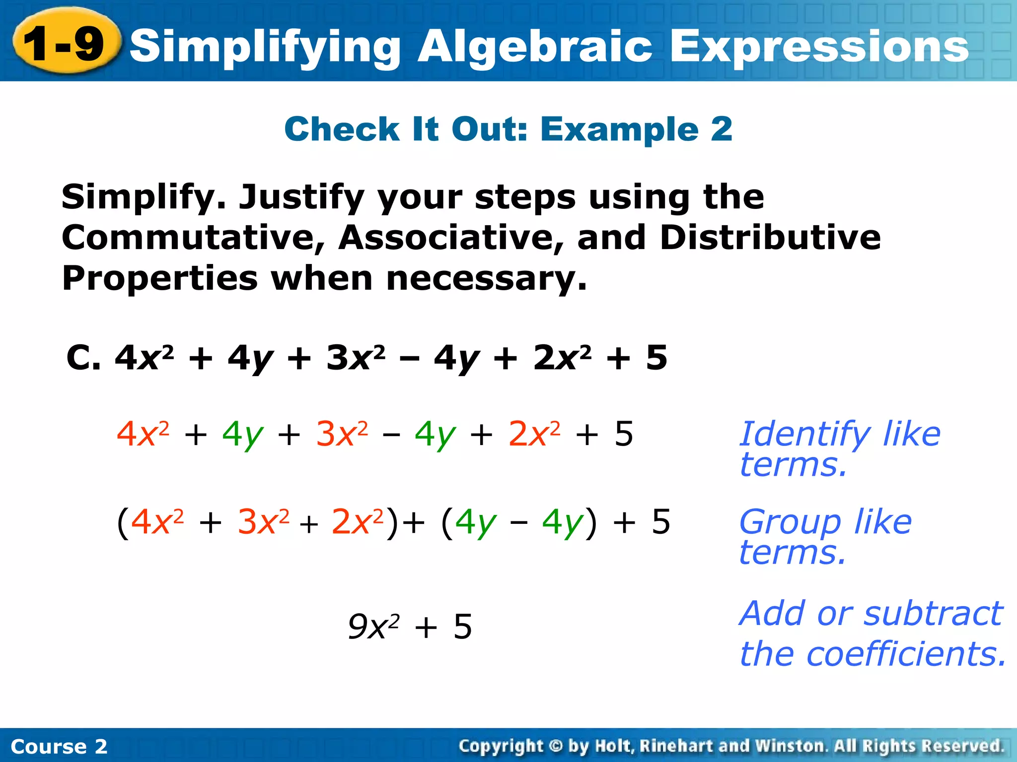 Simplifying algebraic expressions | PPT