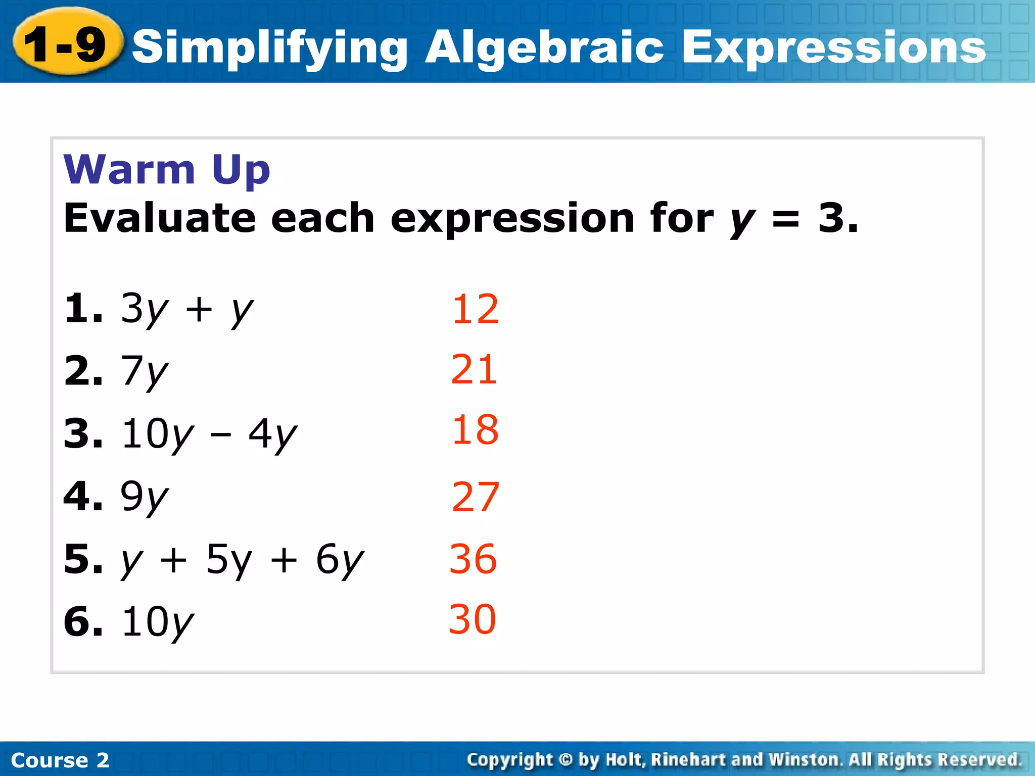 Simplifying algebraic expressions | PPT
