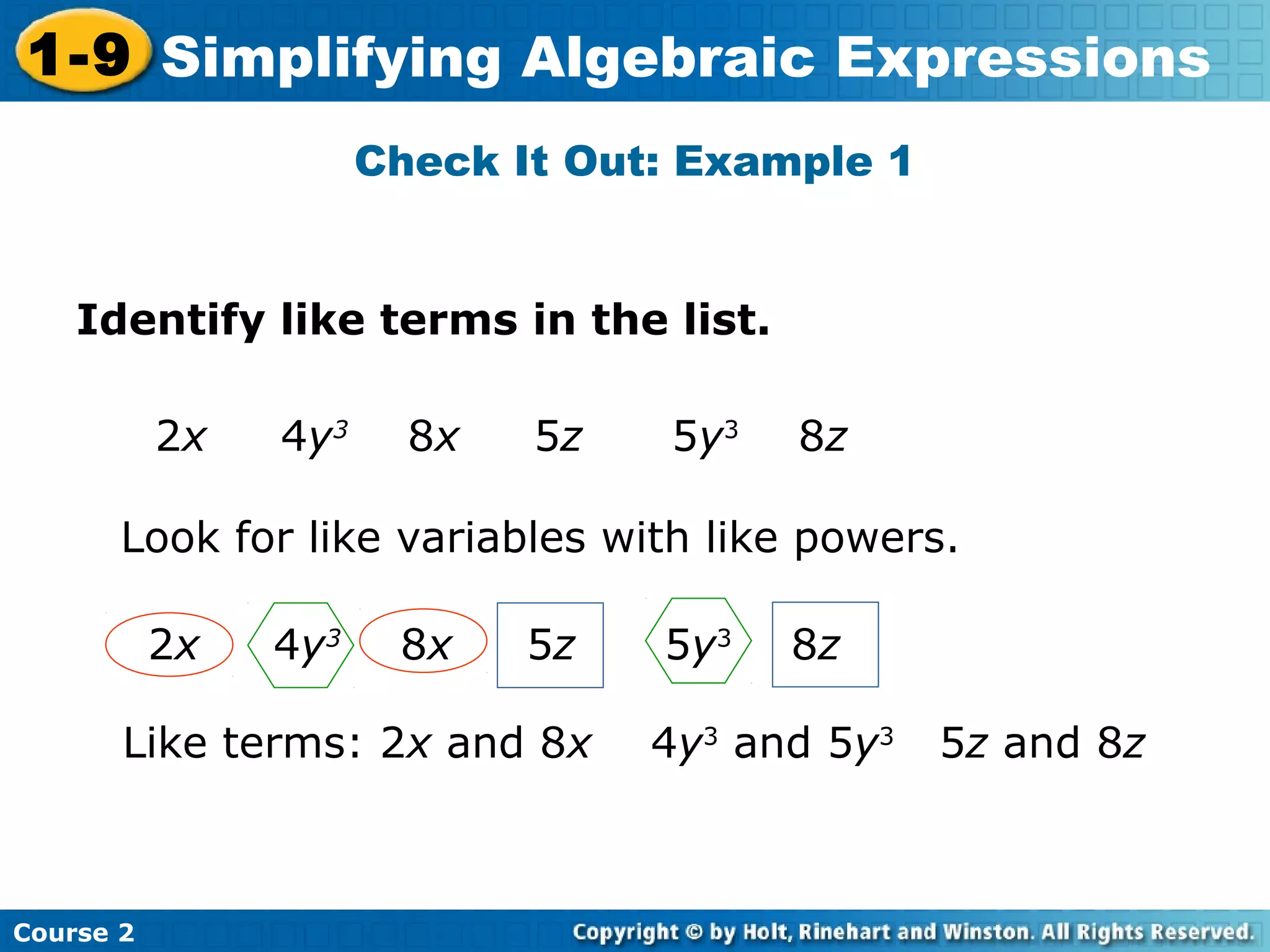 Simplifying algebraic expressions | PPT