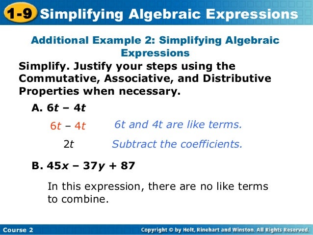 Simplifying algebraic expressions
