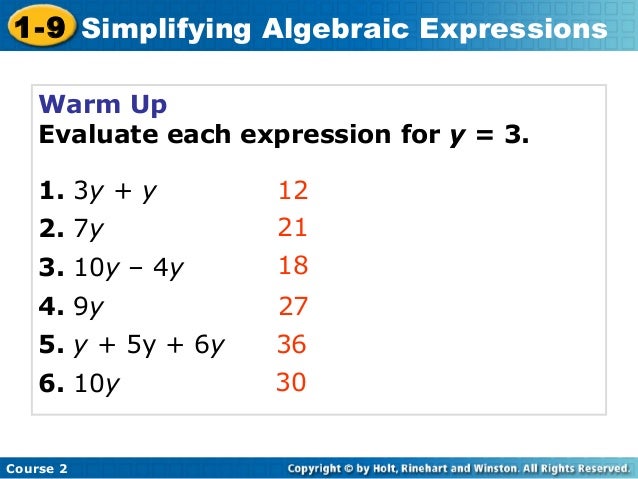 Simplifying algebraic expressions