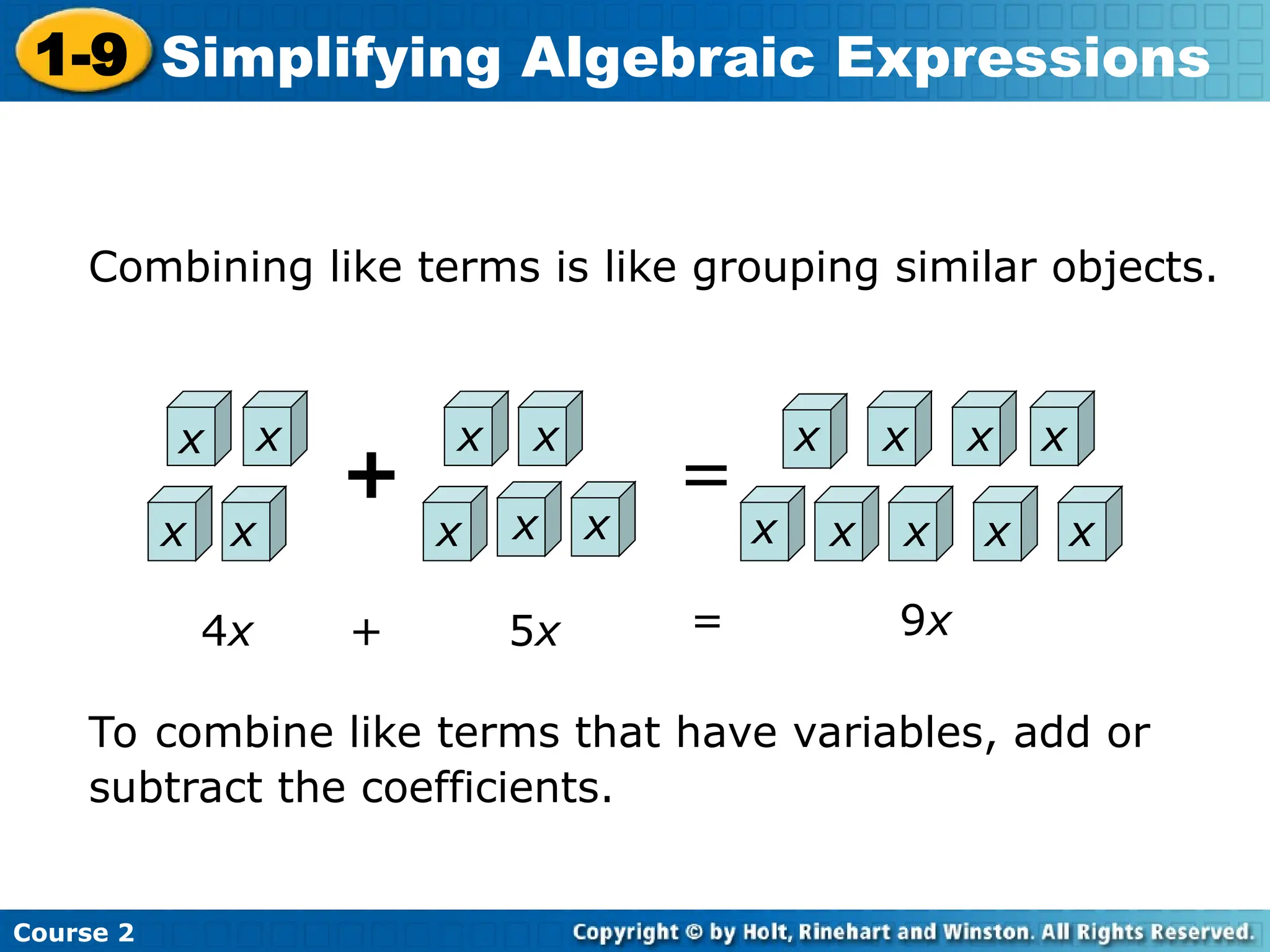 Course 2
1-9 Simplifying Algebraic Expressions
x
Combining like terms is like grouping similar objects.
+ =
x
x
x
x x
x x x
x x x x
x x x x x
4x + 5x = 9x
To combine like terms that have variables, add or
subtract the coefficients.
 