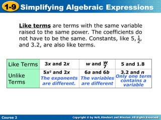 Course 2
1-9 Simplifying Algebraic Expressions
Like terms are terms with the same variable
raised to the same power. The coefficients do
not have to be the same. Constants, like 5, ,
and 3.2, are also like terms.
1
2
Like Terms
Unlike
Terms
3x and 2x
5x2
and 2x
The exponents
are different.
3.2 and n
Only one term
contains a
variable
6a and 6b
The variables
are different
w and w
7
5 and 1.8
 