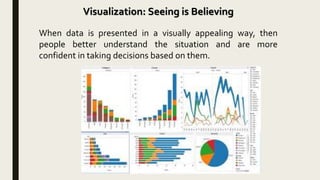 Visualization: Seeing is Believing
When data is presented in a visually appealing way, then
people better understand the situation and are more
confident in taking decisions based on them.
 