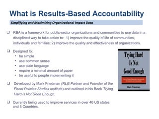 RBA is a framework for public-sector organizations and communities to use data in a disciplined way to take action to:  1) improve the quality of life of communities, individuals and families; 2) Improve the quality and effectiveness of organizations. Developed by Mark Friedman  (RLG Partner and Founder of the Fiscal Policies Studies Institute ) and outlined in his Book  Trying Hard is Not Good Enough. Currently being used to improve services in over 40 US states and 8 Countries. Designed to: be simple use common sense use plain language  require a minimal amount of paper be useful to people implementing it What is Results-Based Accountability Simplifying and Maximizing Organizational Impact Data 