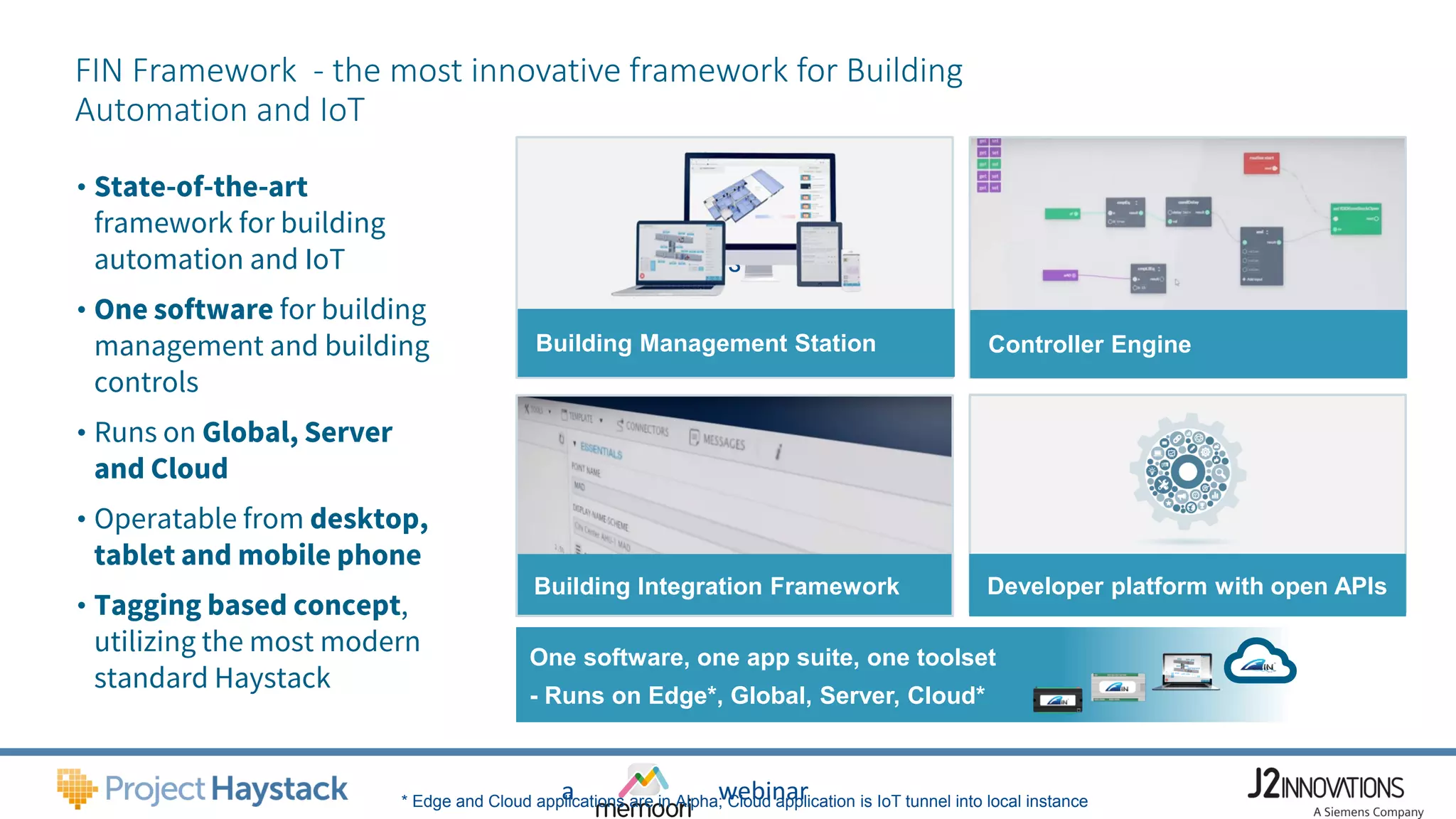 a webinar
§
FIN Framework - the most innovative framework for Building
Automation and IoT
One software, one app suite, one toolset
- Runs on Edge*, Global, Server, Cloud*
• State-of-the-art
framework for building
automation and IoT
• One software for building
management and building
controls
• Runs on Global, Server
and Cloud
• Operatable from desktop,
tablet and mobile phone
• Tagging based concept,
utilizing the most modern
standard Haystack
Building Integration Framework
Building Management Station
Developer platform with open APIs
* Edge and Cloud applications are in Alpha; Cloud application is IoT tunnel into local instance
Controller Engine
 