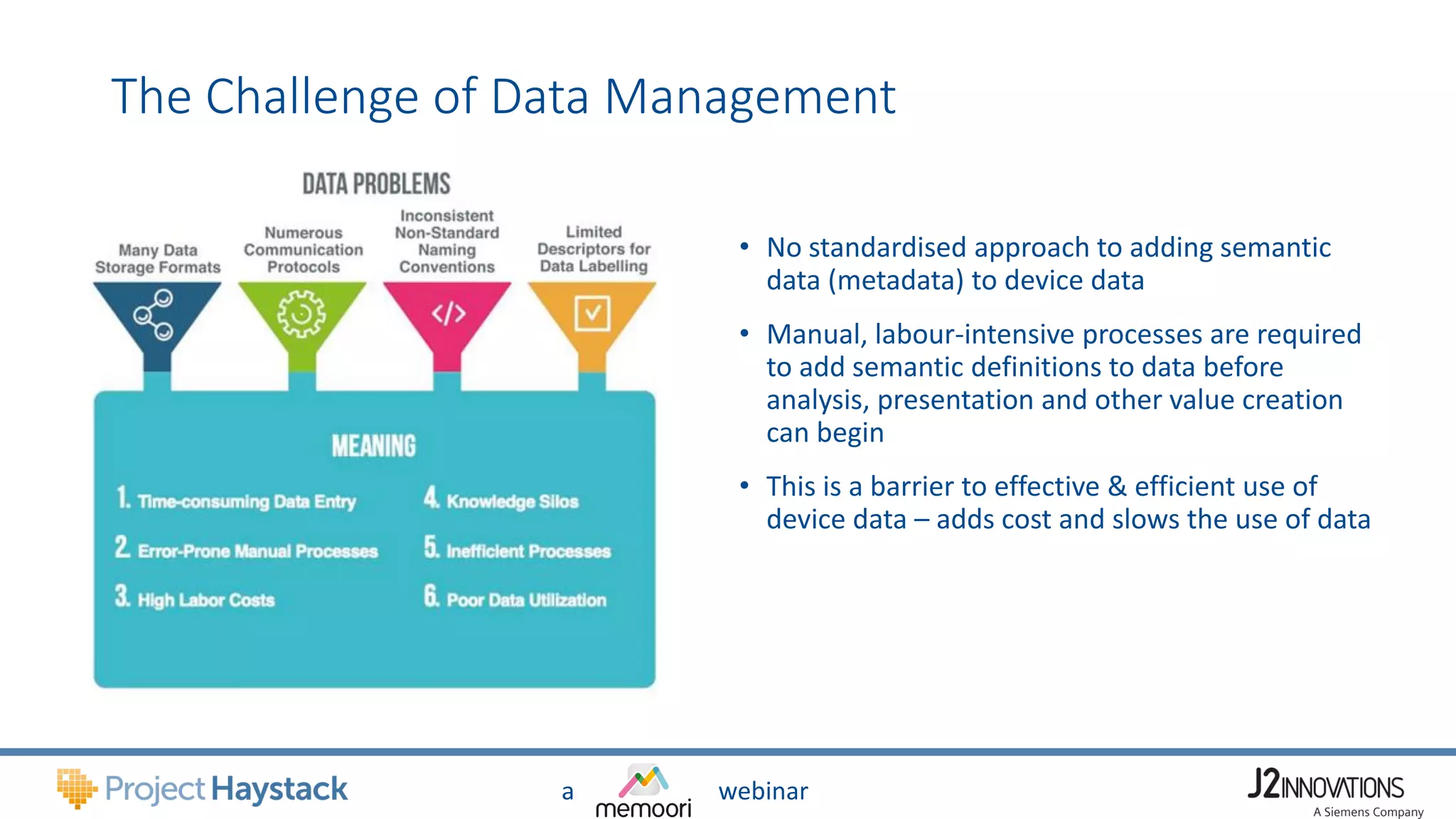 a webinar
The Challenge of Data Management
• No standardised approach to adding semantic
data (metadata) to device data
• Manual, labour-intensive processes are required
to add semantic definitions to data before
analysis, presentation and other value creation
can begin
• This is a barrier to effective & efficient use of
device data – adds cost and slows the use of data
 