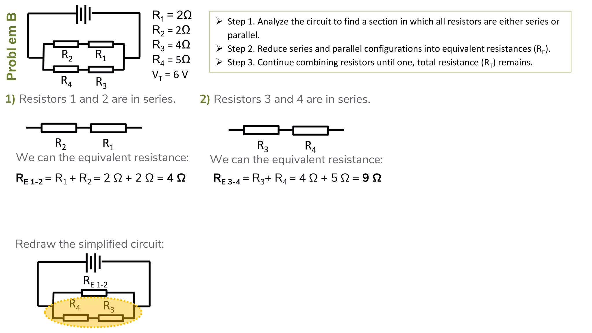 ProblemB
R4
R2
R3
R1
1) Resistors 1 and 2 are in series.
 Step 1. Analyze the circuit to find a section in which all resistors are either series or
parallel.
 Step 2. Reduce series and parallel configurations into equivalent resistances (RE).
 Step 3. Continue combining resistors until one, total resistance (RT) remains.
RE 1-2 = R1 + R2 = 2 Ω + 2 Ω = 4 Ω
R4
RE 1-2
R3
R2 R1
We can the equivalent resistance:
Redraw the simplified circuit:
2) Resistors 3 and 4 are in series.
R3 R4
RE 3-4 = R3+ R4 = 4 Ω + 5 Ω = 9 Ω
We can the equivalent resistance:
R1 = 2Ω
R2 = 2Ω
R3 = 4Ω
R4 = 5Ω
VT = 6 V
 