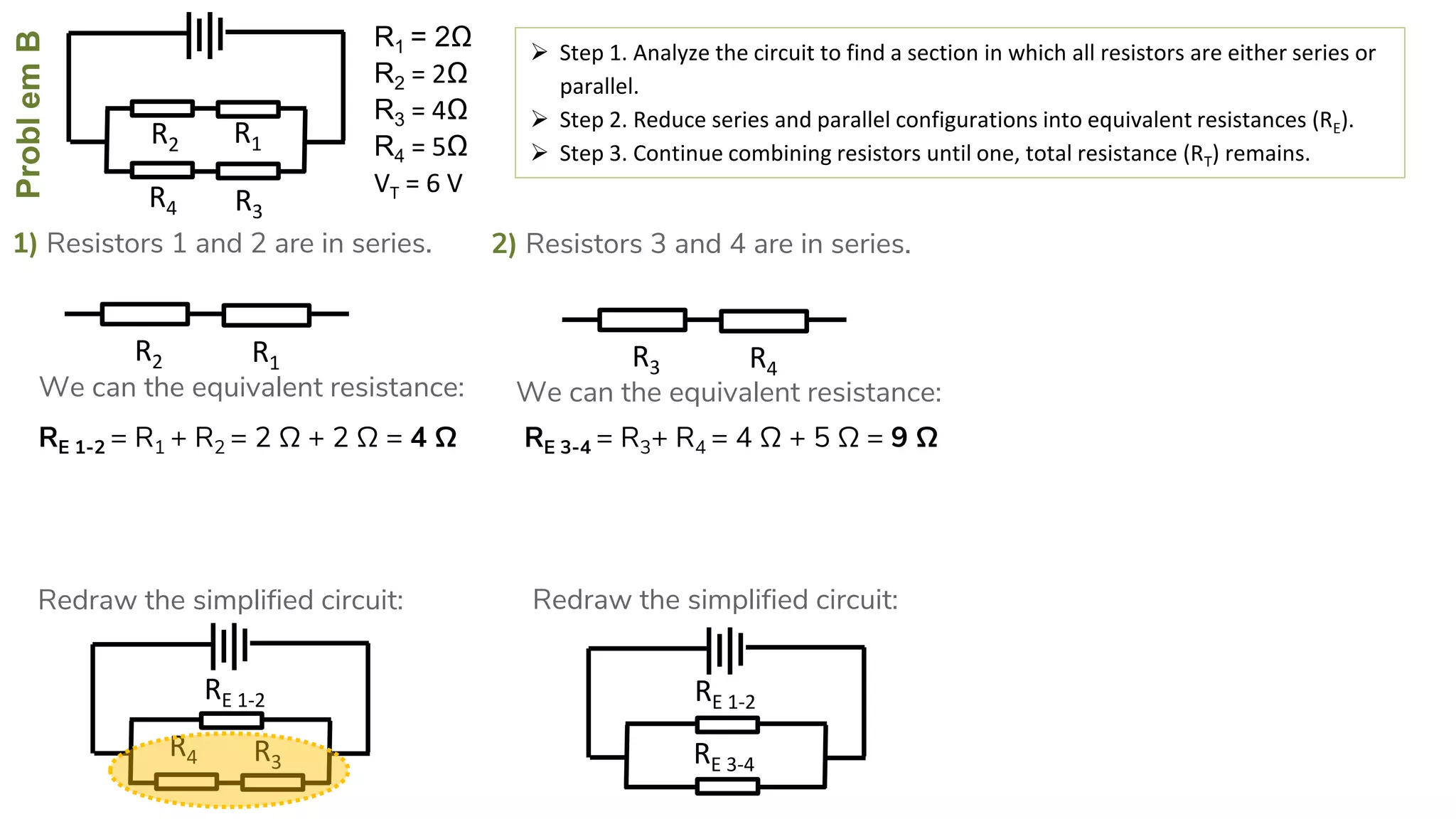 ProblemB
R4
R2
R3
R1
1) Resistors 1 and 2 are in series.
 Step 1. Analyze the circuit to find a section in which all resistors are either series or
parallel.
 Step 2. Reduce series and parallel configurations into equivalent resistances (RE).
 Step 3. Continue combining resistors until one, total resistance (RT) remains.
RE 1-2 = R1 + R2 = 2 Ω + 2 Ω = 4 Ω
R4
RE 1-2
R3
R2 R1
We can the equivalent resistance:
Redraw the simplified circuit:
2) Resistors 3 and 4 are in series.
R3 R4
RE 3-4 = R3+ R4 = 4 Ω + 5 Ω = 9 Ω
We can the equivalent resistance:
Redraw the simplified circuit:
RE 1-2
RE 3-4
R1 = 2Ω
R2 = 2Ω
R3 = 4Ω
R4 = 5Ω
VT = 6 V
 