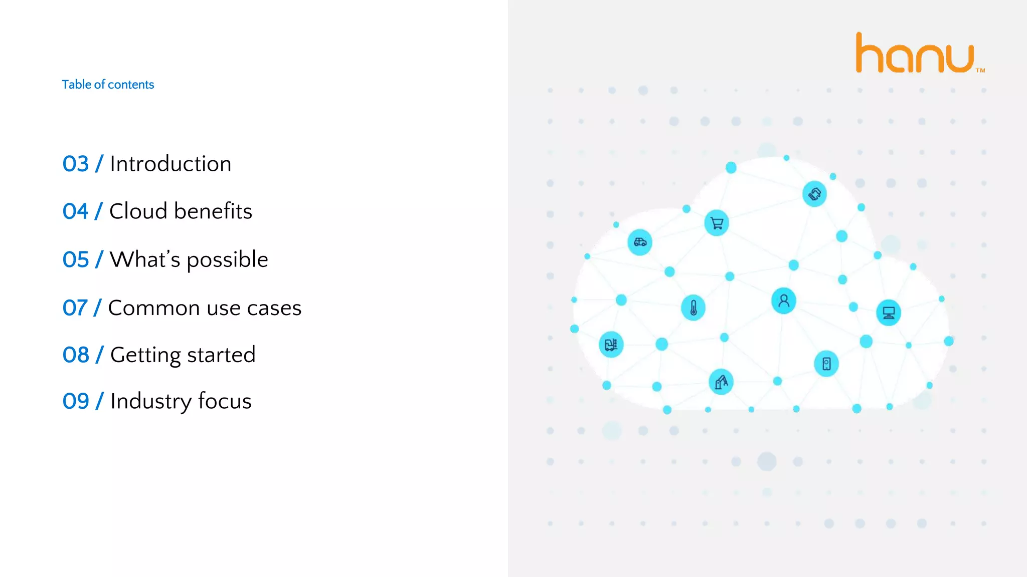 Table of contents
03 / Introduction
04 / Cloud benefits
05 / What’s possible
07 / Common use cases
08 / Getting started
09 / Industry focus
 