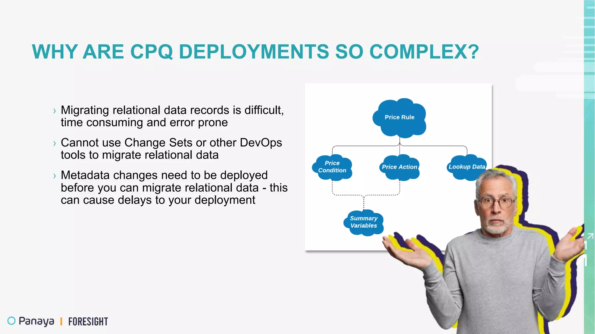 WHY ARE CPQ DEPLOYMENTS SO COMPLEX?
› Migrating relational data records is difficult,
time consuming and error prone
› Cannot use Change Sets or other DevOps
tools to migrate relational data
› Metadata changes need to be deployed
before you can migrate relational data - this
can cause delays to your deployment
 