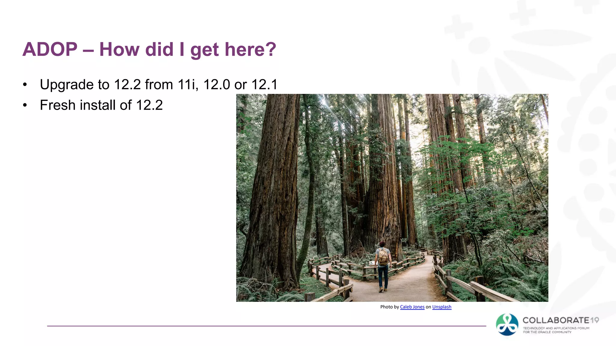 ADOP – How did I get here?
• Upgrade to 12.2 from 11i, 12.0 or 12.1
• Fresh install of 12.2
Photo by Caleb Jones on Unsplash
 