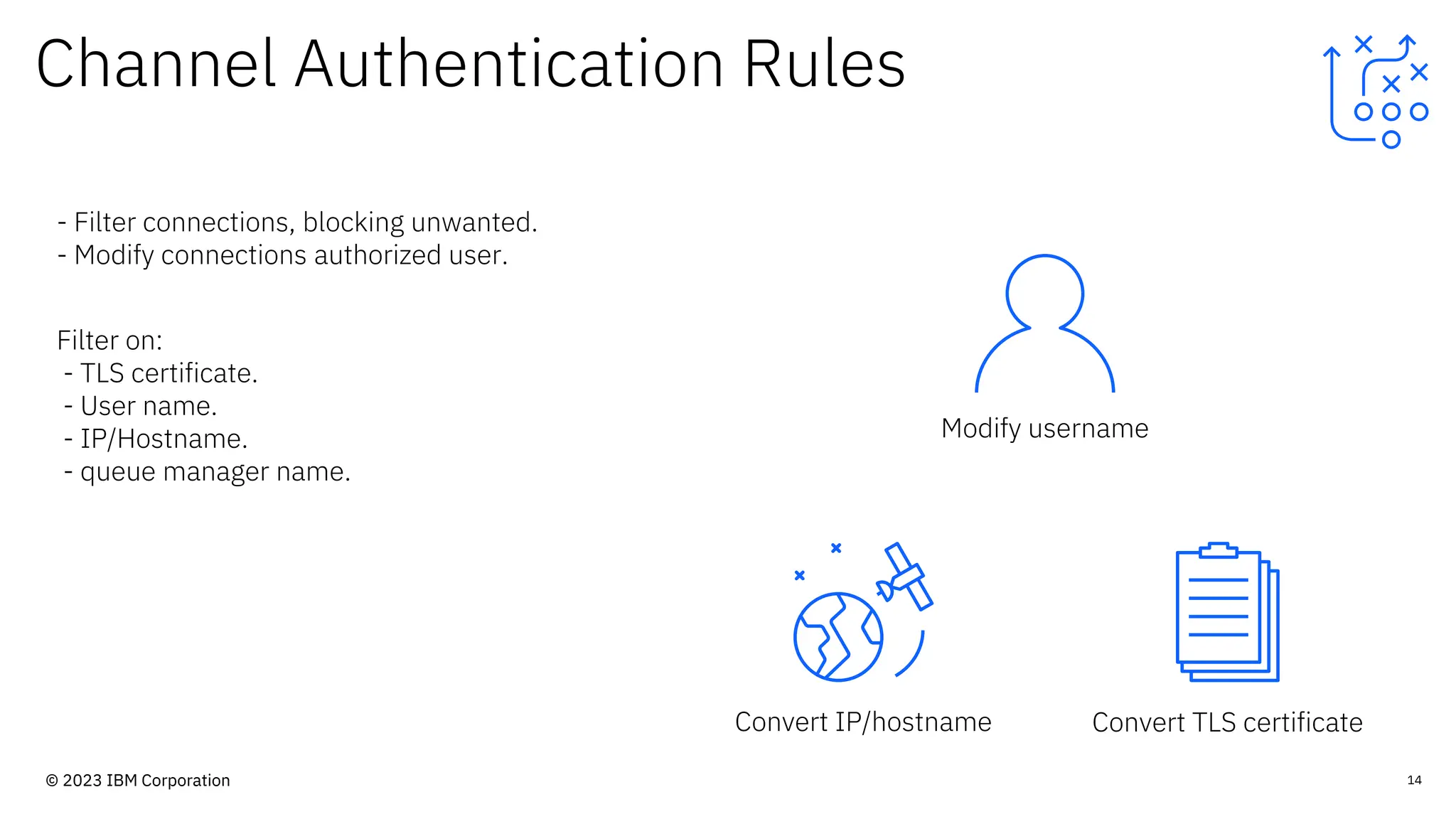 Channel Authentication Rules
Convert IP/hostname
14
- Filter connections, blocking unwanted.
- Modify connections authorized user.
Filter on:
- TLS certificate.
- User name.
- IP/Hostname.
- queue manager name.
Convert TLS certificate
Modify username
© 2023 IBM Corporation
 