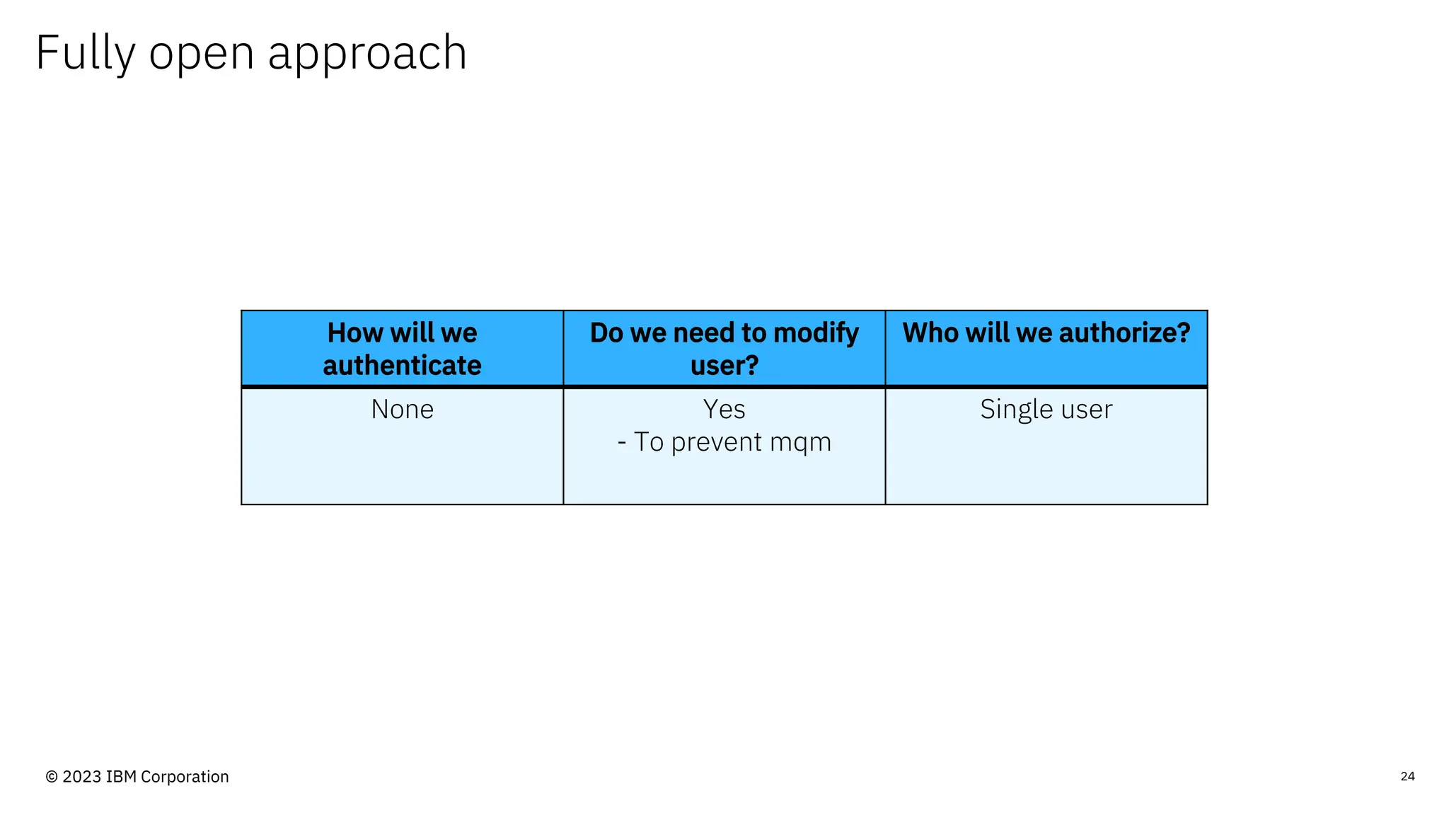 Fully open approach
24
How will we
authenticate
Do we need to modify
user?
Who will we authorize?
None Yes
- To prevent mqm
Single user
© 2023 IBM Corporation
 