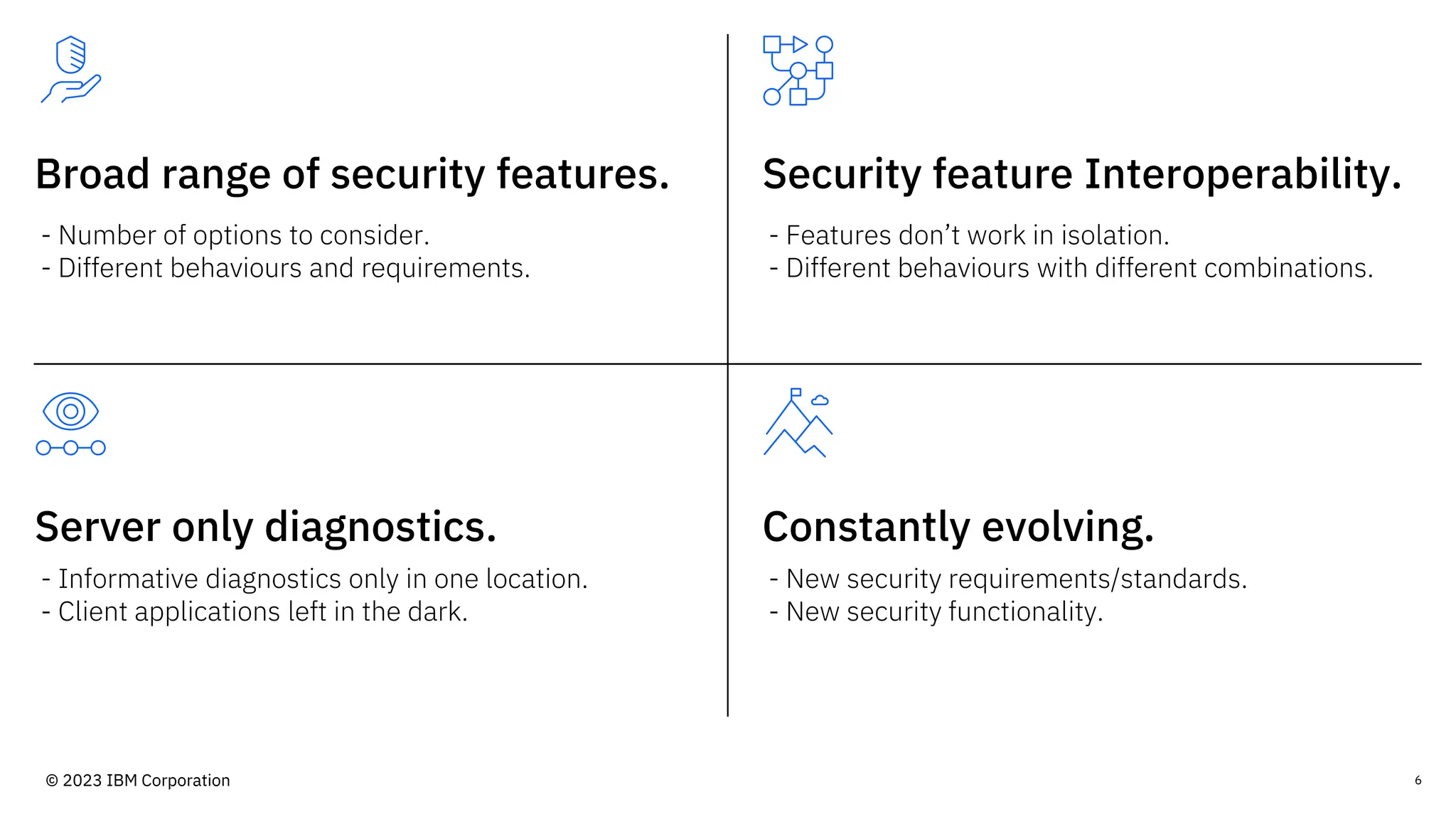 Broad range of security features. Security feature Interoperability.
Server only diagnostics.
- Number of options to consider.
- Different behaviours and requirements.
- Features don’t work in isolation.
- Different behaviours with different combinations.
- Informative diagnostics only in one location.
- Client applications left in the dark.
- New security requirements/standards.
- New security functionality.
Constantly evolving.
6
© 2023 IBM Corporation
 