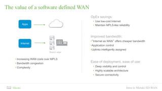 Intro to Meraki SD-WAN
OpEx savings:
• Use low-cost Internet
• Maintain MPLS-like reliability
Improved bandwidth:
•“Internet as WAN” offers cheaper bandwidth
•Application control
•Uplinks intelligently assigned
Ease of deployment, ease of use:
• Deep visibility and control
• Highly scalable architecture
• Secure connectivity
Apps
Internet
Branch edge
• Increasing WAN costs over MPLS
• Bandwidth congestion
• Complexity
• 17
The value of a software defined WAN
 
