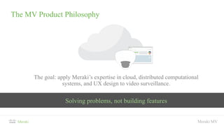 The MV Product Philosophy
The goal: apply Meraki’s expertise in cloud, distributed computational
systems, and UX design to video surveillance.
Meraki MV
Solving problems, not building features
 